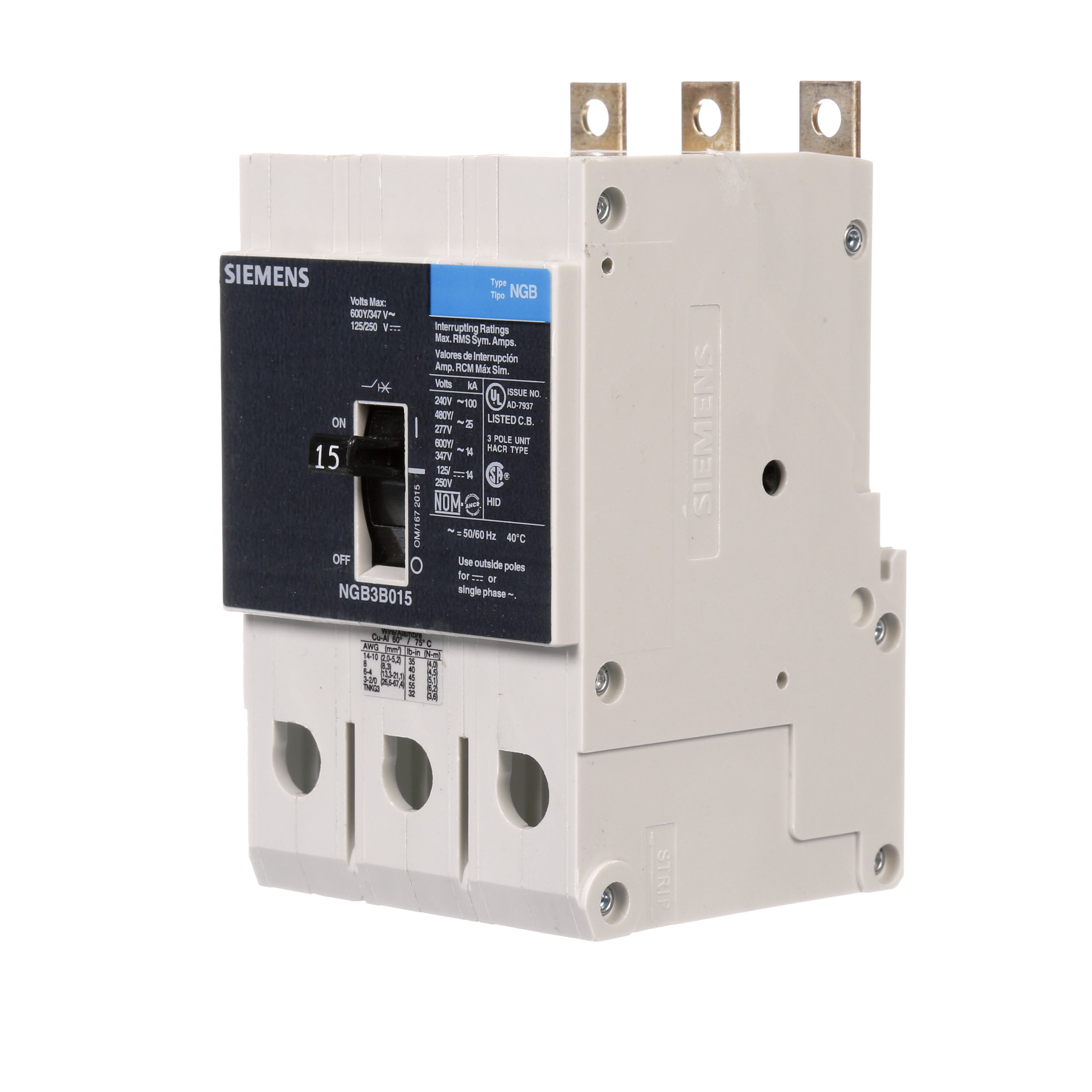 Product image for Siemens NGB3B015 3-Pole 15 Amp 600 Volt 14 kA Molded Case Circuit Breaker