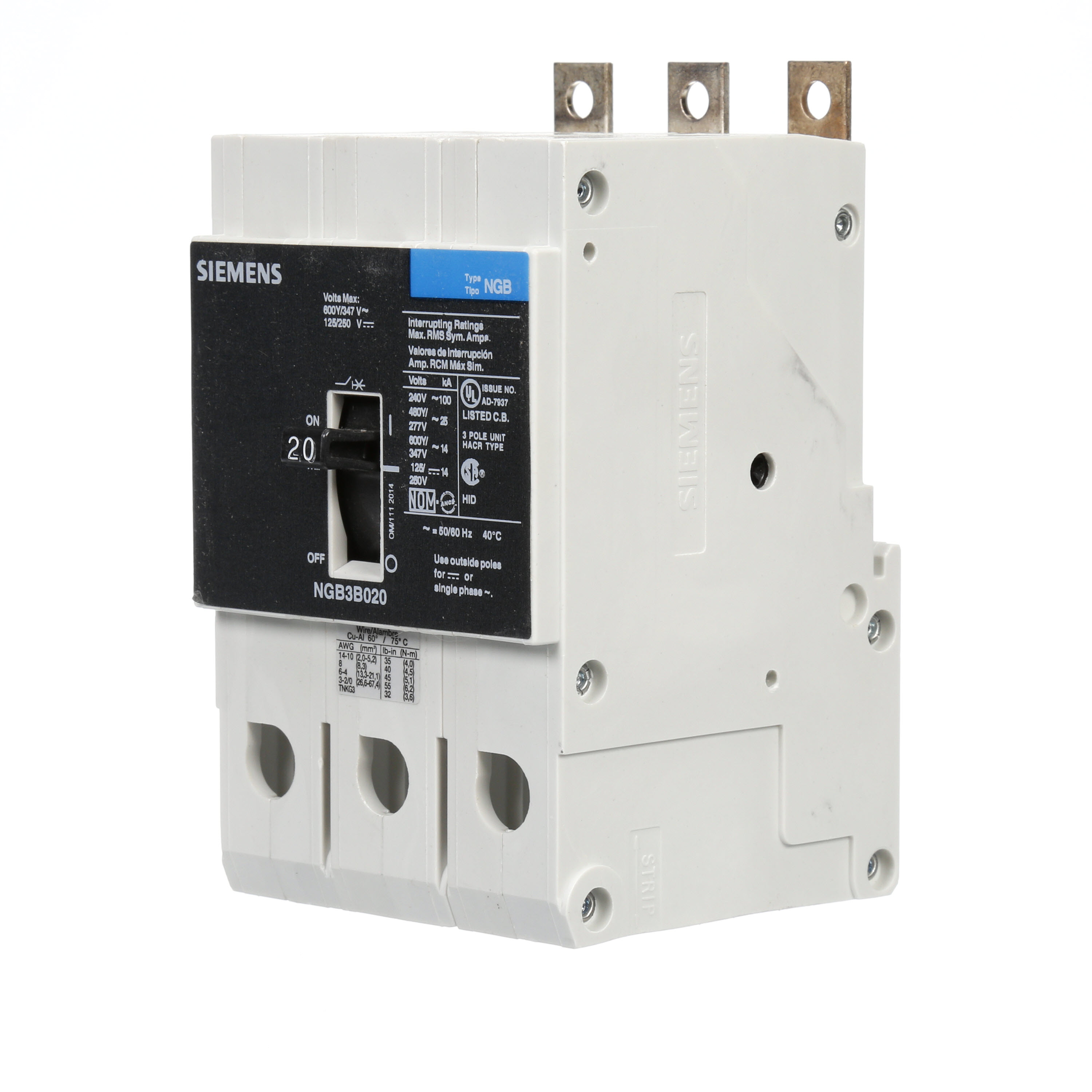 Product image for Siemens NGB3B020 BRKR NGB 20A 3P 480Y 2