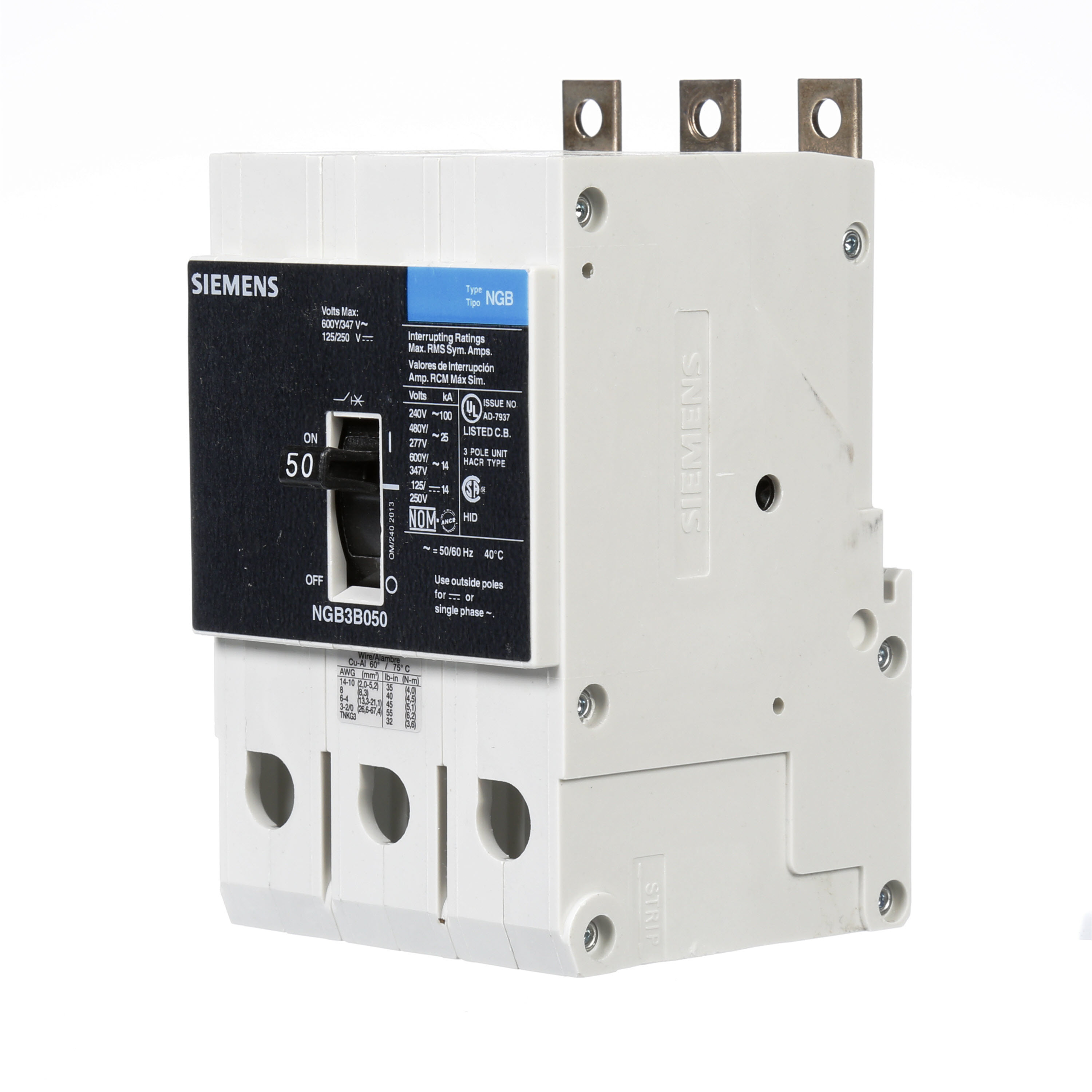 SIEMENS LOW VOLTAGE PANELBOARD MOUNT G FRAME CIRCUIT BREAKER WITH THERMAL - MAGNETIC TRIP. UL LISTED NGB FRAME WITH STANDARD BREAKING CAPACITY. 50A 3-POLE (14KAIC AT 600Y/347V) (25KAIC AT 480Y/277V). SPECIAL FEATURES MOUNTS ON PANELBOARD, NO LUGS. DIMENSIONS (W x H x D) IN 3 x 5.4 x 2.8.
