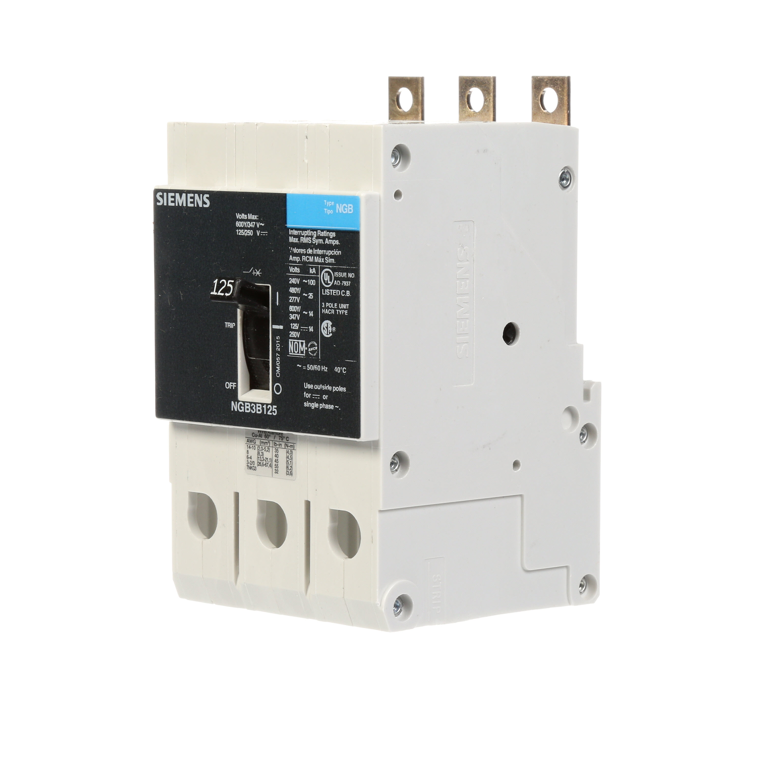 SIEMENS LOW VOLTAGE PANELBOARD MOUNT G FRAME CIRCUIT BREAKER WITH THERMAL - MAGNETIC TRIP. UL LISTED NGB FRAME WITH STANDARD BREAKING CAPACITY. 125A 3-POLE (14KAIC AT 600Y/347V) (25KAIC AT 480Y/277V). SPECIAL FEATURES MOUNTS ON PANELBOARD,NO LUGS. DIMENSIONS (W x H x D) IN 3 x 5.4 x 2.8.