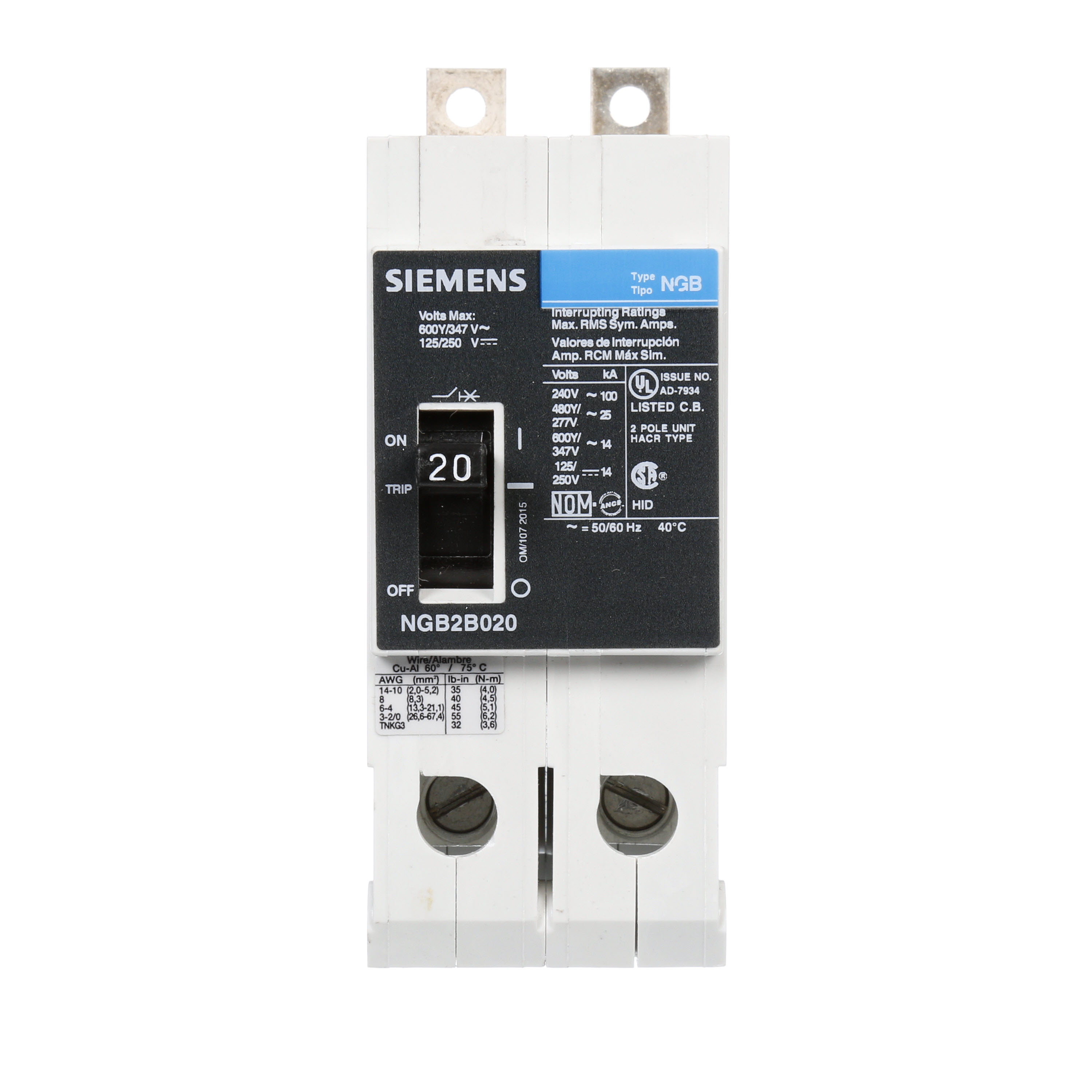 Product image for Siemens NGB2B020B 2-Pole 20 Amp 600 Volt 14 kA Molded Case Circuit Breaker