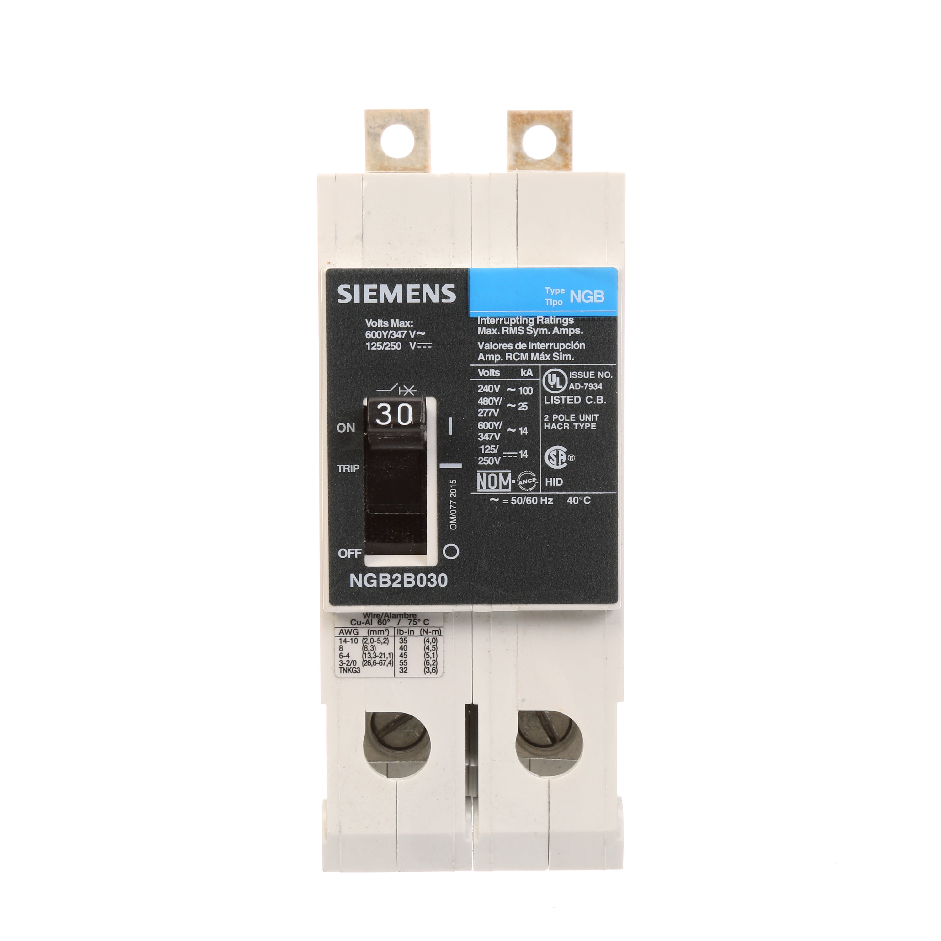 SIEMENS LOW VOLTAGE PANELBOARD MOUNT G FRAME CIRCUIT BREAKER WITH THERMAL - MAGNETIC TRIP. UL LISTED NGB FRAME WITH STANDARD BREAKING CAPACITY. 30A 2-POLE (14KAIC AT 600Y/347V) (25KAIC AT 480Y/277V). SPECIAL FEATURES MOUNTS ON PANELBOARD, NO LUGS, VALUE PACK. DIMENSIONS (W x H x D) IN 2 x 5.4 x 2.8.