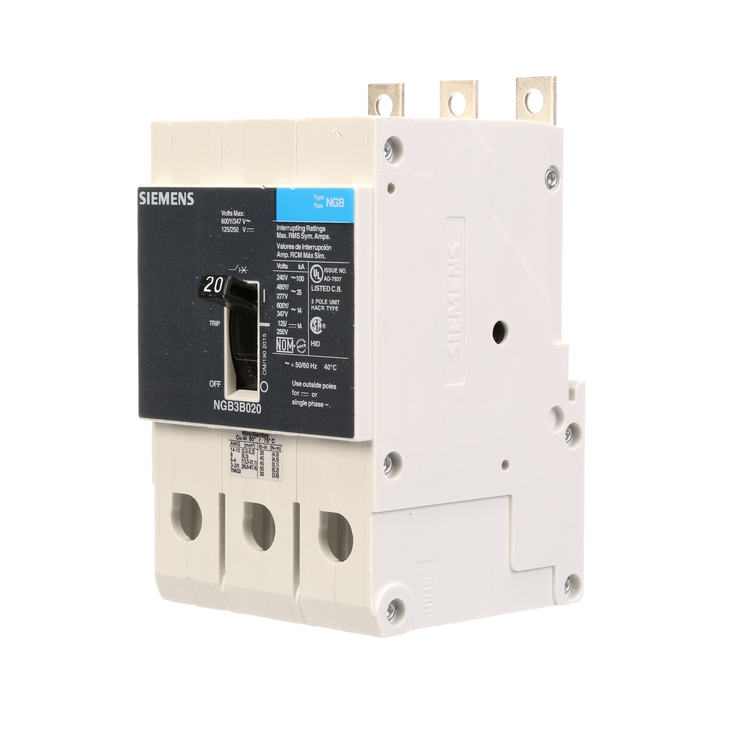 SIEMENS LOW VOLTAGE PANELBOARD MOUNT G FRAME CIRCUIT BREAKER WITH THERMAL - MAGNETIC TRIP. UL LISTED NGB FRAME WITH STANDARD BREAKING CAPACITY. 20A 3-POLE (14KAIC AT 600Y/347V) (25KAIC AT 480Y/277V). SPECIAL FEATURES MOUNTS ON PANELBOARD, NO LUGS, VALUE PACK. DIMENSIONS (W x H x D) IN 3 x 5.4 x 2.8.