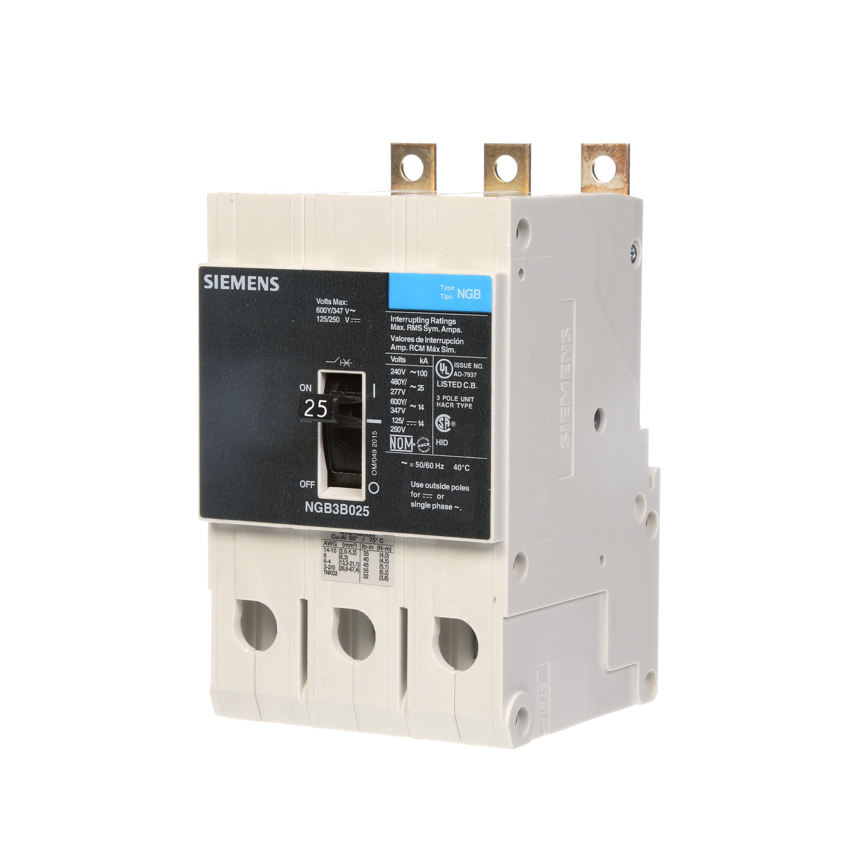 SIEMENS LOW VOLTAGE PANELBOARD MOUNT G FRAME CIRCUIT BREAKER WITH THERMAL - MAGNETIC TRIP. UL LISTED NGB FRAME WITH STANDARD BREAKING CAPACITY. 25A 3-POLE (14KAIC AT 600Y/347V) (25KAIC AT 480Y/277V). SPECIAL FEATURES MOUNTS ON PANELBOARD, NO LUGS, VALUE PACK. DIMENSIONS (W x H x D) IN 3 x 5.4 x 2.8.