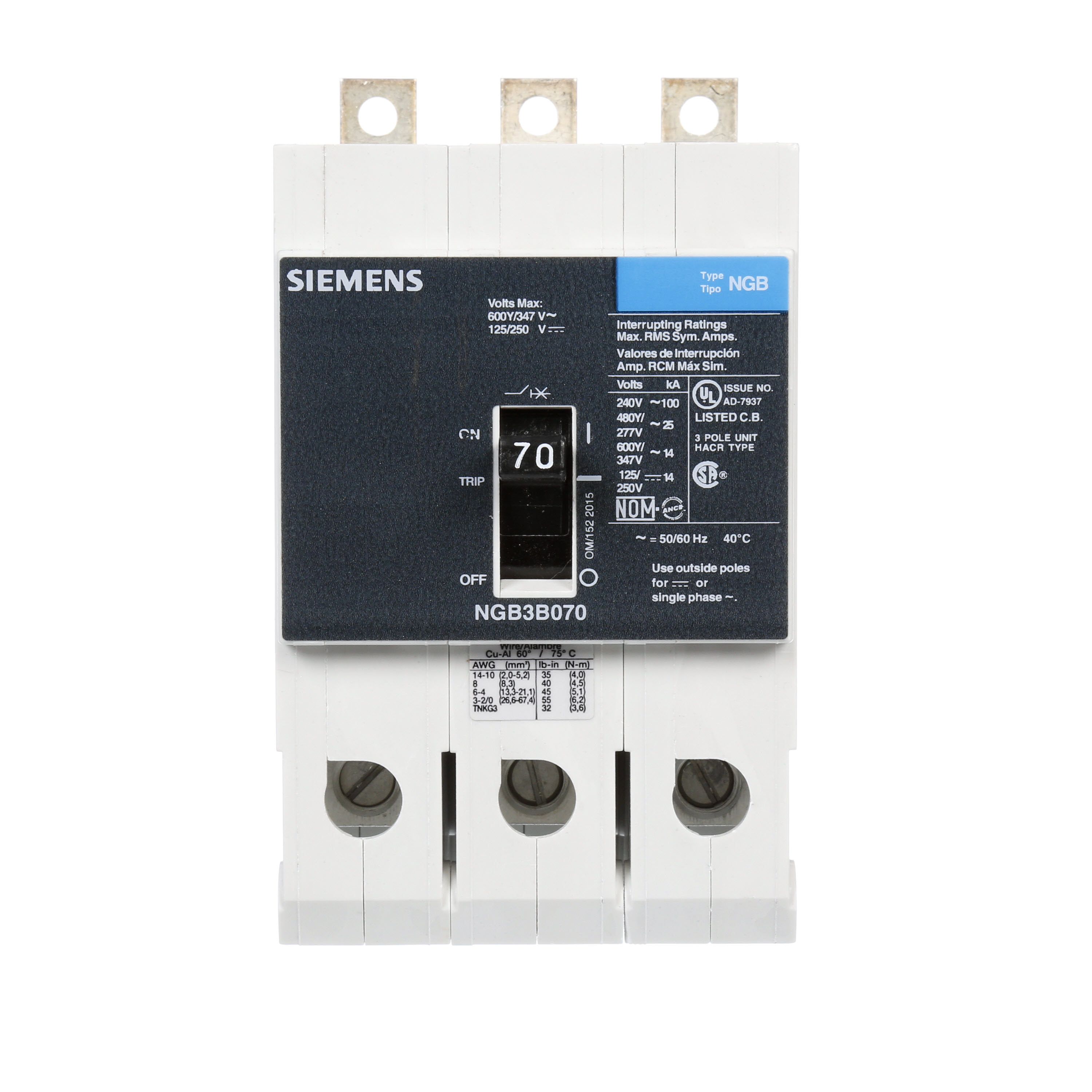 SIEMENS LOW VOLTAGE PANELBOARD MOUNT G FRAME CIRCUIT BREAKER WITH THERMAL - MAGNETIC TRIP. UL LISTED NGB FRAME WITH STANDARD BREAKING CAPACITY. 70A 3-POLE (14KAIC AT 600Y/347V) (25KAIC AT 480Y/277V). SPECIAL FEATURES MOUNTS ON PANELBOARD, NO LUGS, VALUE PACK. DIMENSIONS (W x H x D) IN 3 x 5.4 x 2.8.