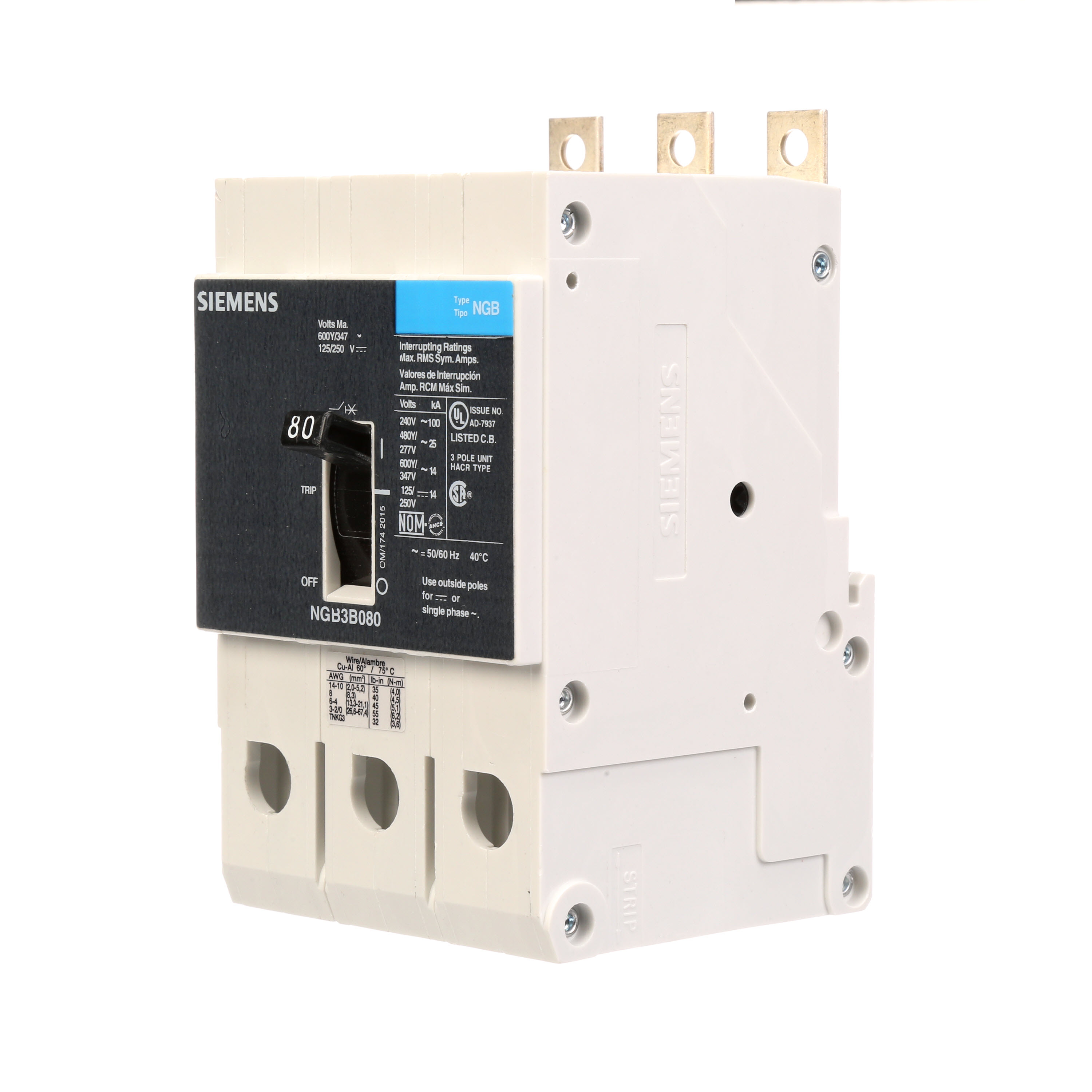 SIEMENS LOW VOLTAGE PANELBOARD MOUNT G FRAME CIRCUIT BREAKER WITH THERMAL - MAGNETIC TRIP. UL LISTED NGB FRAME WITH STANDARD BREAKING CAPACITY. 80A 3-POLE (14KAIC AT 600Y/347V) (25KAIC AT 480Y/277V). SPECIAL FEATURES MOUNTS ON PANELBOARD, NO LUGS, VALUE PACK. DIMENSIONS (W x H x D) IN 3 x 5.4 x 2.8.