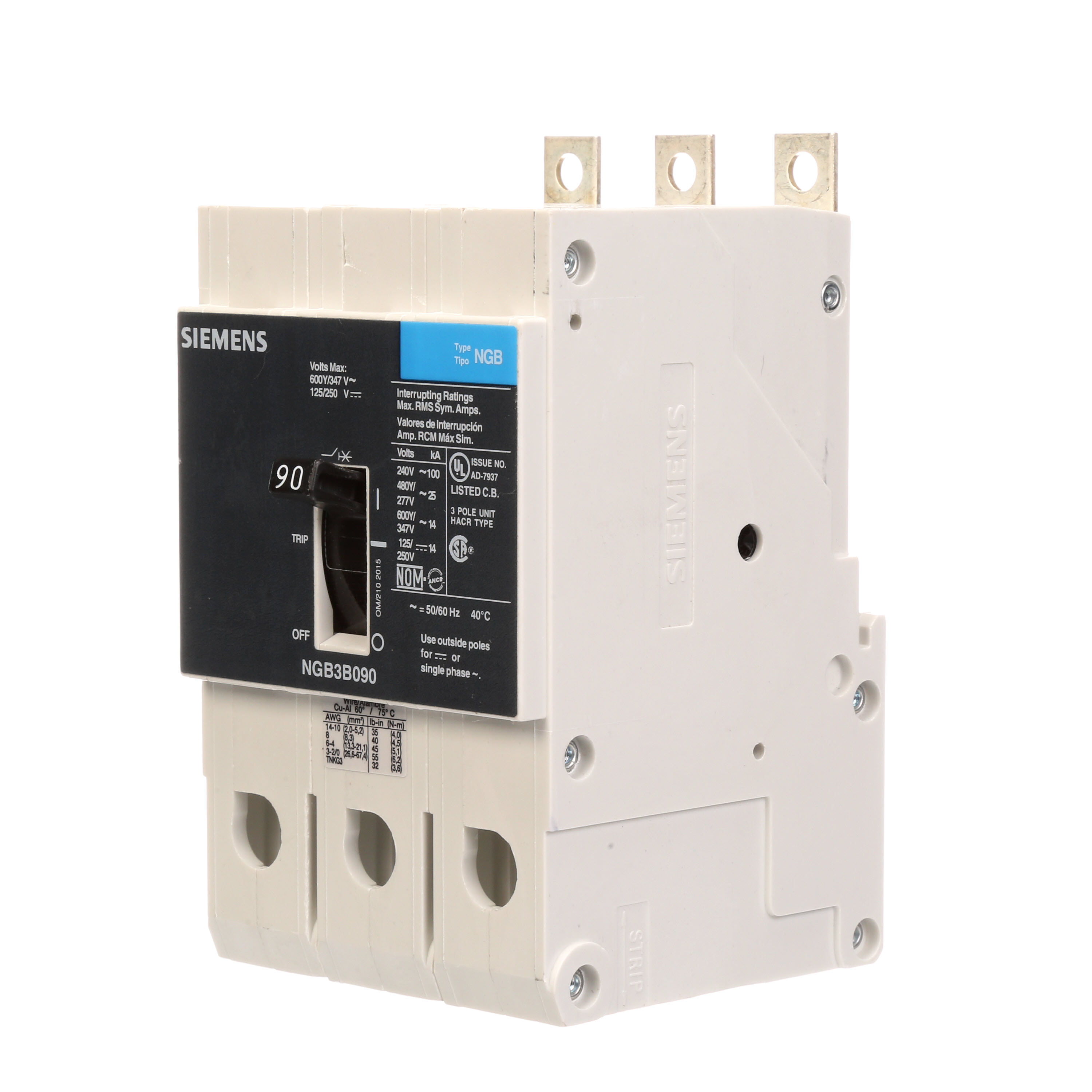 SIEMENS LOW VOLTAGE PANELBOARD MOUNT G FRAME CIRCUIT BREAKER WITH THERMAL - MAGNETIC TRIP. UL LISTED NGB FRAME WITH STANDARD BREAKING CAPACITY. 90A 3-POLE (14KAIC AT 600Y/347V) (25KAIC AT 480Y/277V). SPECIAL FEATURES MOUNTS ON PANELBOARD, NO LUGS, VALUE PACK. DIMENSIONS (W x H x D) IN 3 x 5.4 x 2.8.