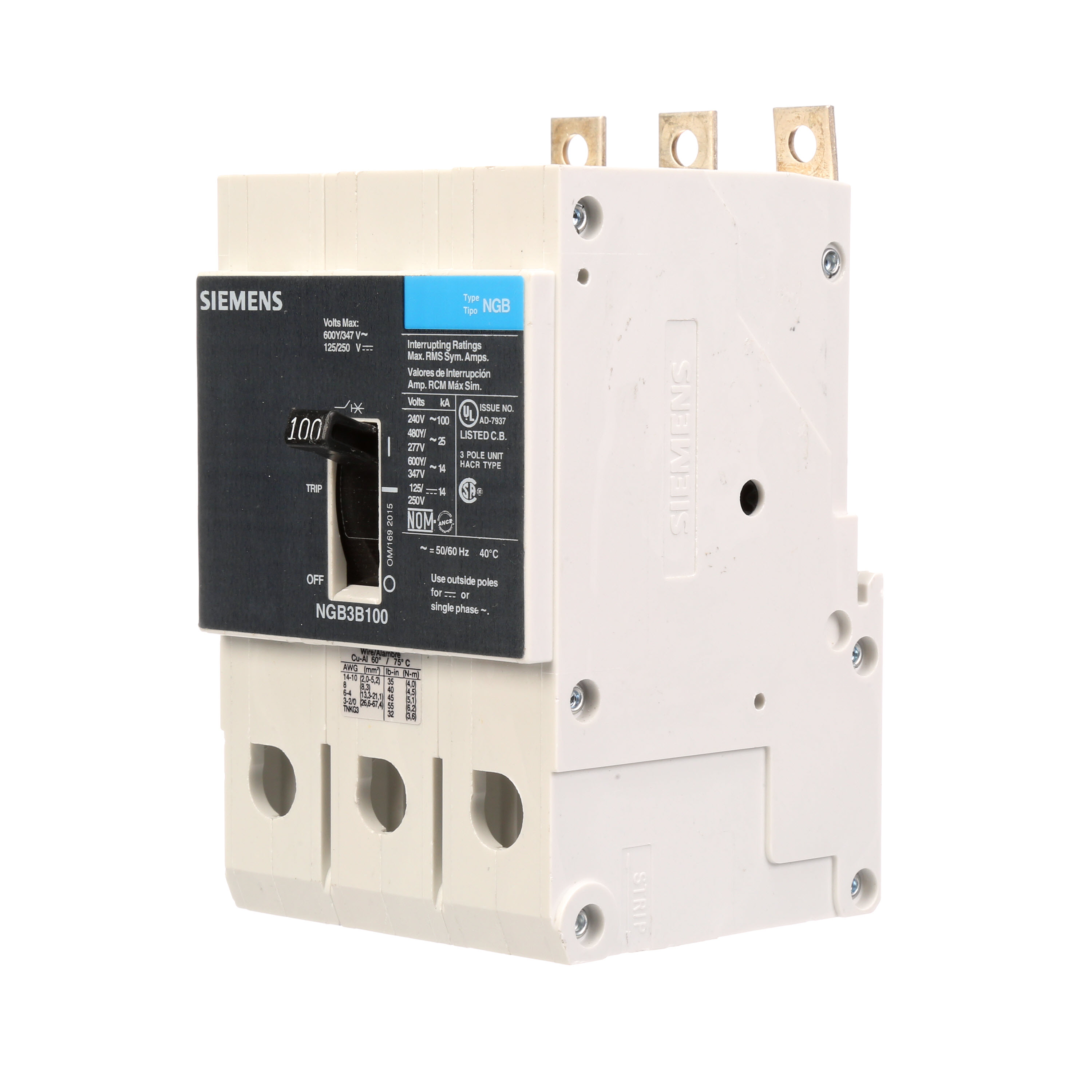 SIEMENS LOW VOLTAGE PANELBOARD MOUNT G FRAME CIRCUIT BREAKER WITH THERMAL - MAGNETIC TRIP. UL LISTED NGB FRAME WITH STANDARD BREAKING CAPACITY. 100A 3-POLE (14KAIC AT 600Y/347V) (25KAIC AT 480Y/277V). SPECIAL FEATURES MOUNTS ON PANELBOARD,NO LUGS, VALUE PACK. DIMENSIONS (W x H x D) IN 3 x 5.4 x 2.8.