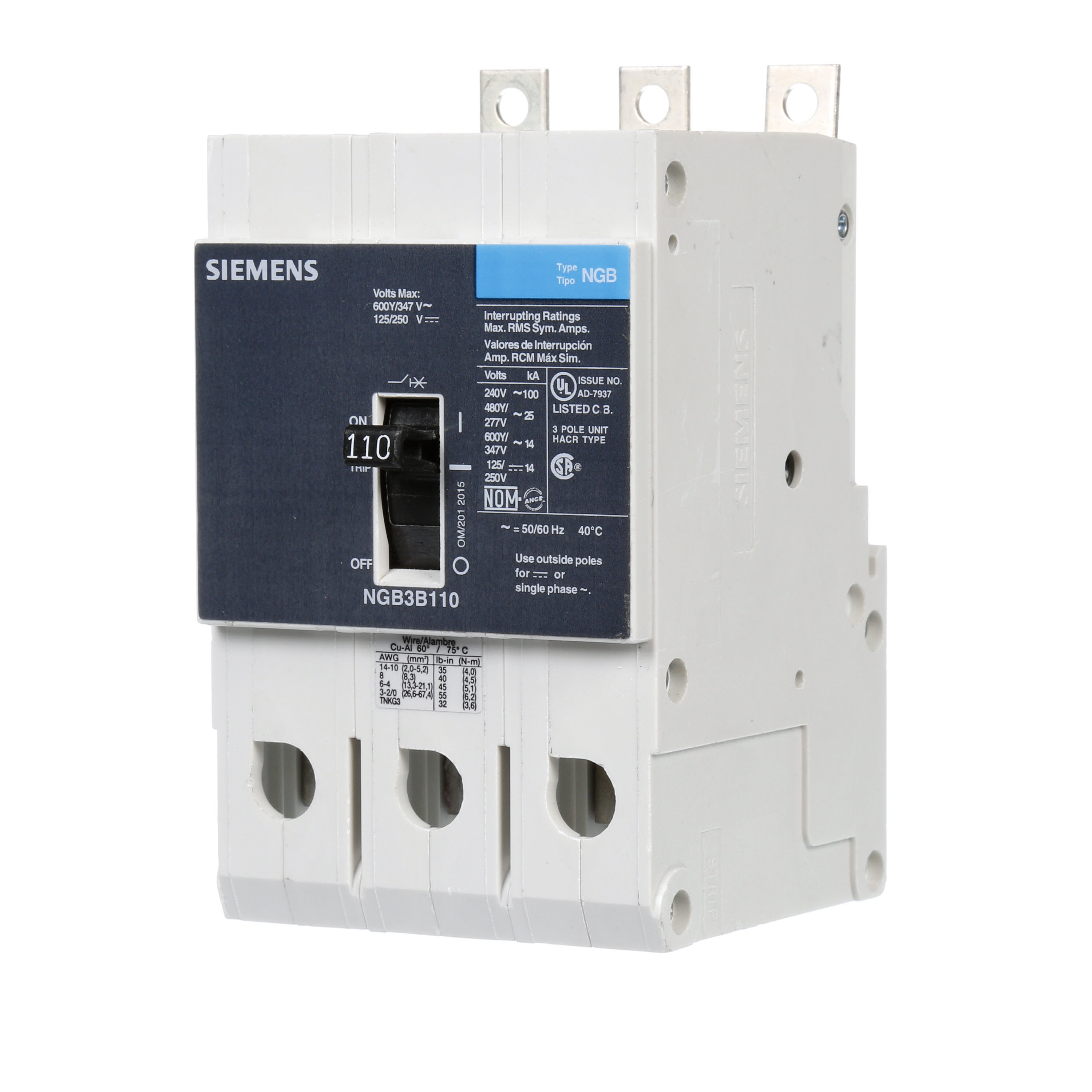SIEMENS LOW VOLTAGE PANELBOARD MOUNT G FRAME CIRCUIT BREAKER WITH THERMAL - MAGNETIC TRIP. UL LISTED NGB FRAME WITH STANDARD BREAKING CAPACITY. 110A 3-POLE (14KAIC AT 600Y/347V) (25KAIC AT 480Y/277V). SPECIAL FEATURES MOUNTS ON PANELBOARD,NO LUGS, VALUE PACK. DIMENSIONS (W x H x D) IN 3 x 5.4 x 2.8.