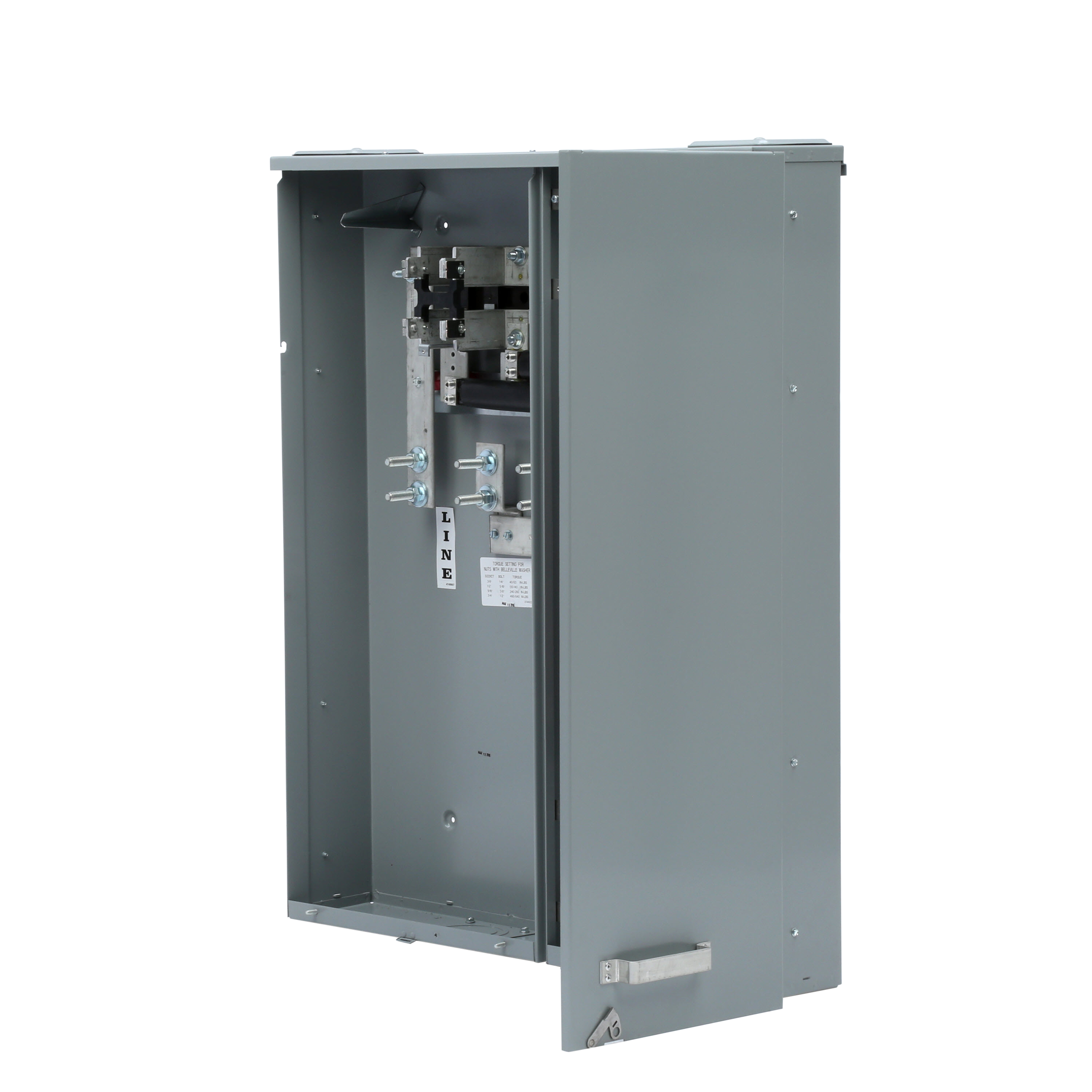 SIEMENS LOW VOLTAGE METER LOAD CENTER COMBINATION. FACTORY INSTALLED MAIN BREAKER 30 (1 INCH) SPACES INTERIOR ALLOWING MAX 42 CIRCUITS. 4-JAW METER / 1-PHASE SYSTEM RATED 400A. SPECIAL FEATURES OH/UG FEED, RING TYPE COVER, SURFACE MOUNTING