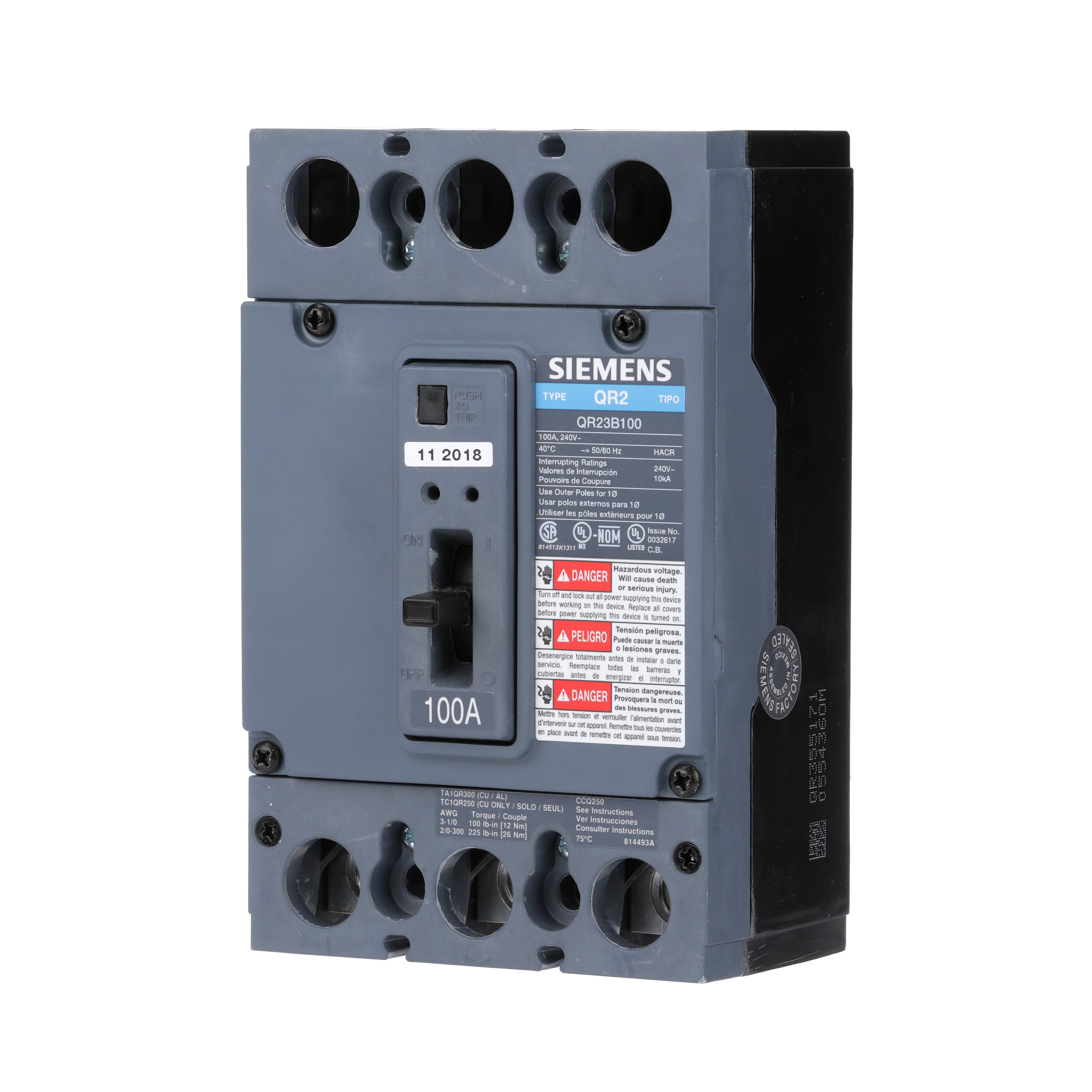 SIEMENS LOW VOLTAGE MOLDED CASE CIRCUIT BREAKER WITH THERMAL - MAGNETIC TRIP. QR FRAME STANDARD 40C BREAKER. 200A 3-POLE (100KA AT 240V). SPECIAL FEATURES NO LUGS INSTALLED.