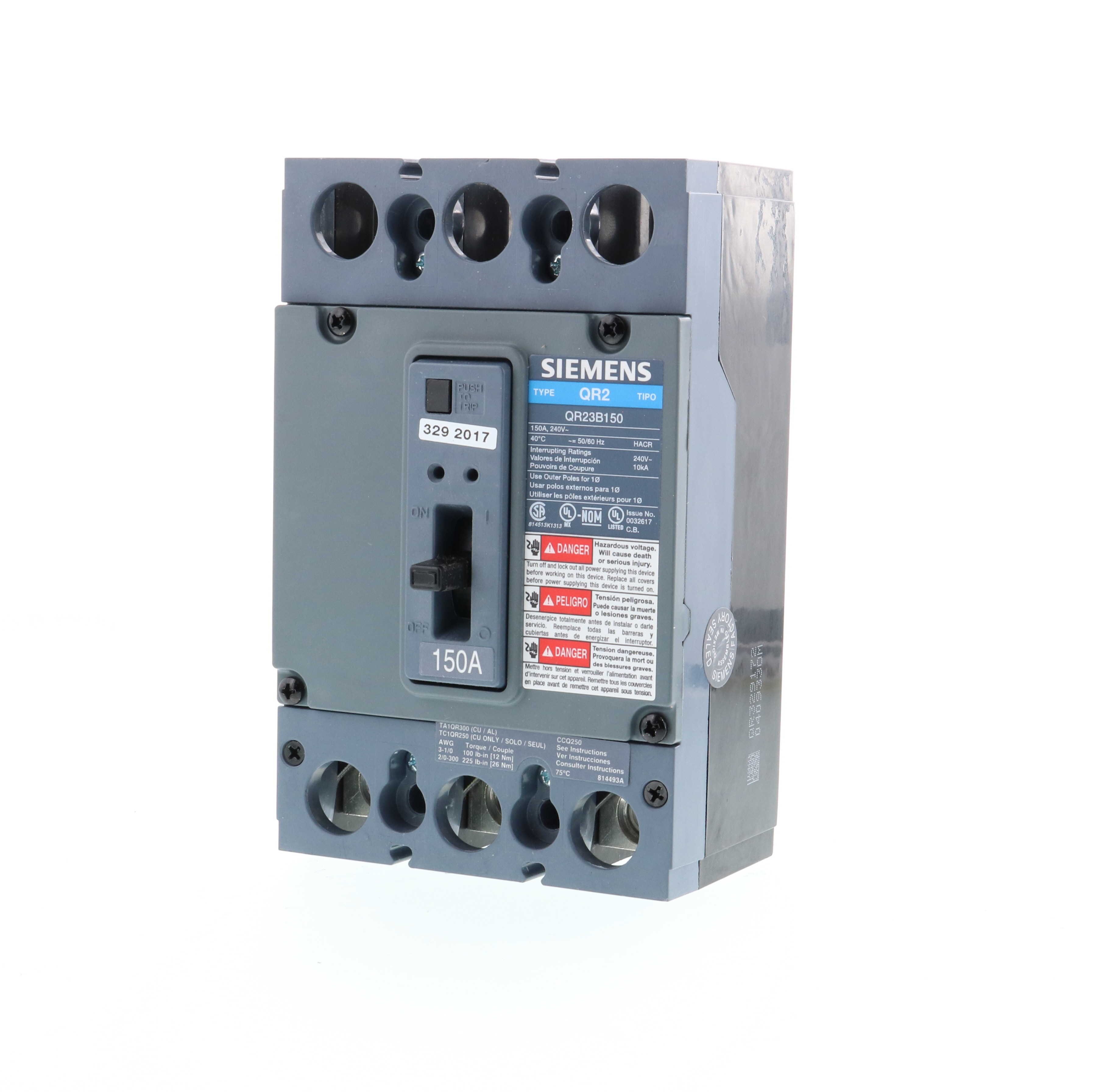 SIEMENS LOW VOLTAGE MOLDED CASE CIRCUIT BREAKER WITH THERMAL - MAGNETIC TRIP. QR FRAME STANDARD 40C BREAKER. 150A 3-POLE (10KA AT 240V). SPECIAL FEATURES NO LUGS INSTALLED.