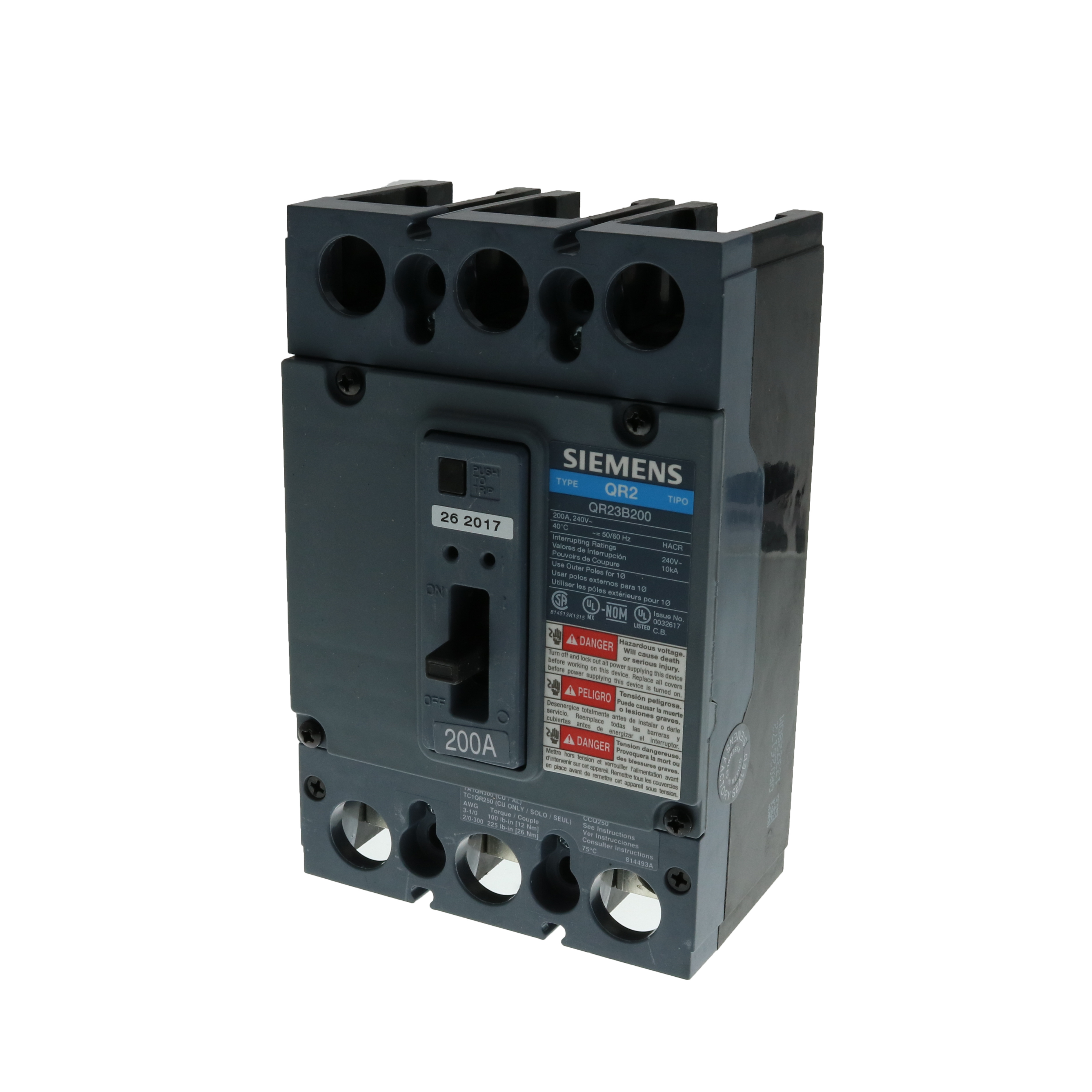 SIEMENS LOW VOLTAGE MOLDED CASE CIRCUIT BREAKER WITH THERMAL - MAGNETIC TRIP. QR FRAME STANDARD 40C BREAKER. 225A 3-POLE (10KA AT 240V). SPECIAL FEATURES NO LUGS INSTALLED.