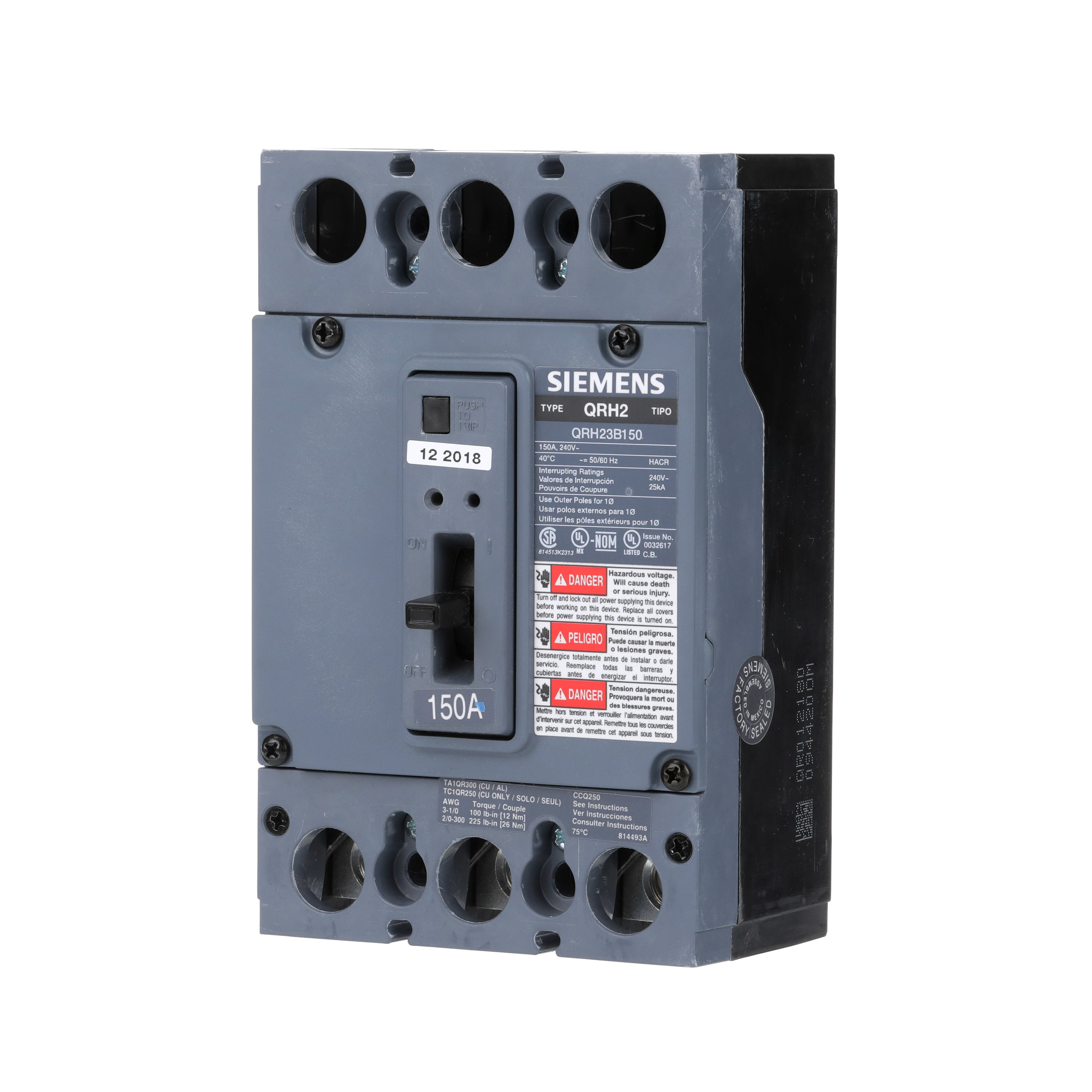 Product image for Siemens QRH23B150 BREAKER QR 3P 150A 240V 25KA