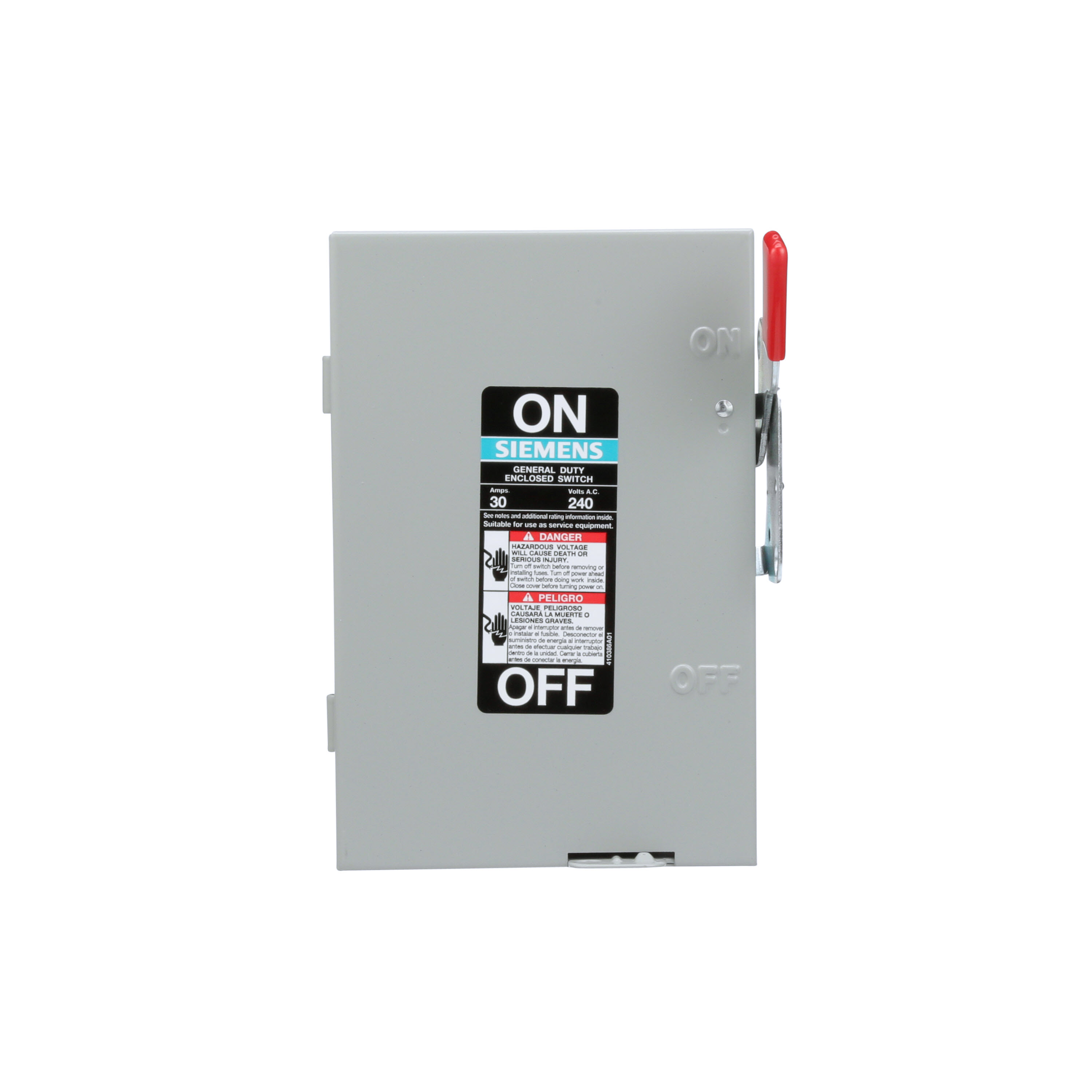 Siemens Low Voltage Circuit Protection General Duty Safety Switch. 2-Pole 2-Fuse and solid neutral Fused in a type 1 enclosure (indoor). Rated 240VAC (30A). Horse power (Std, Time delay) fused 1-PH 2-W (1-1/2, 3), 3-PH 3-W (3, 7-1/2), 250VDC (5). Special features service entrance labeled suitable for 3-PH motor loads,copper lugs, (bulk pack).