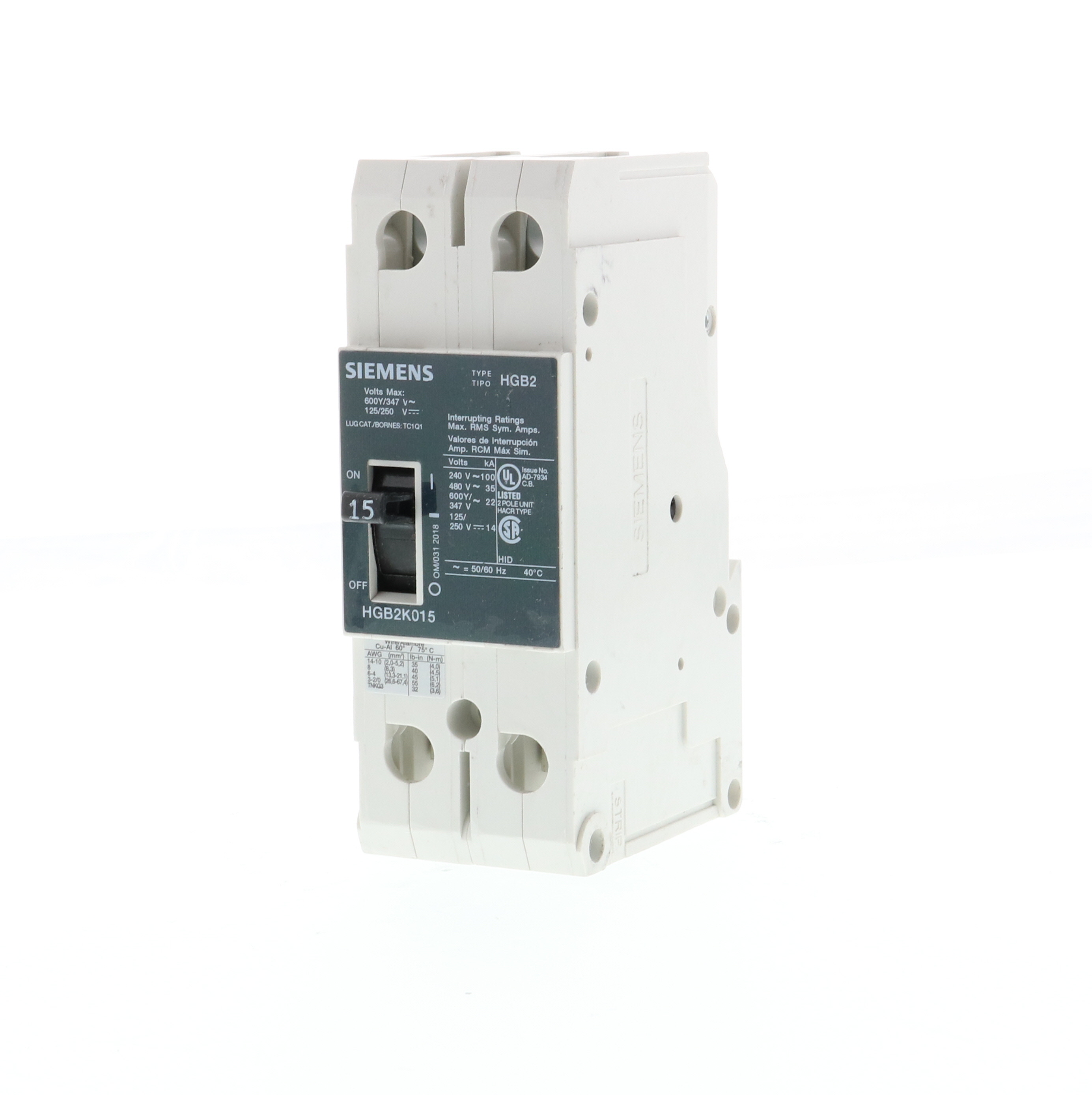 SIEMENS LOW VOLTAGE PANELBOARD MOUNT G FRAME CIRCUIT BREAKER WITH THERMAL - MAGNETIC TRIP. UL LISTED HGB2 FRAME WITH HIGH BREAKING C APACITY. 30A 2-POLE (14KAIC AT 600Y/347V) (35KAIC AT 480V). SPECIAL FEATURES MOUNTS ON PANELBOARD, LOAD SIDE LUGS ONLY (TC1Q1) WIRE RANGE 14 - 10 AWS (CU/AL). DIMENSIONS (W x H x D) IN 2x 5.4 x 2.8.