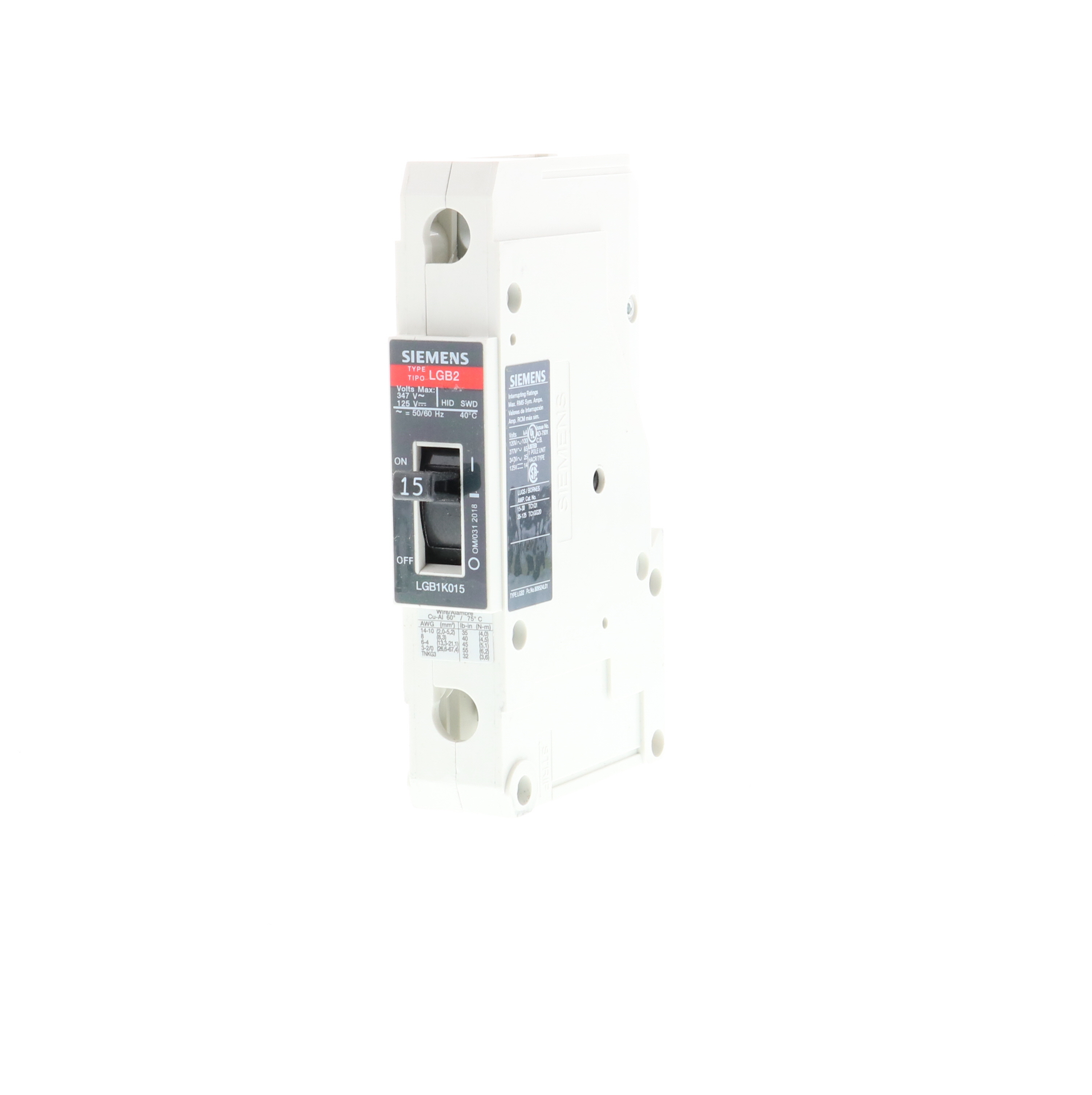 SIEMENS LOW VOLTAGE PANELBOARD MOUNT G FRAME CIRCUIT BREAKER WITH THERMAL - MAGNETIC TRIP. UL LISTED LGB2 FRAME WITH VERY HIGH BREAKING CAPACITY. 20A 1-POLE (14KAIC AT 347V) (65KAIC AT 277V). SPECIAL FEATURES MOUNTS ON PANELBOARD, LOAD SIDE LUGS ONLY (TC1Q1) WIRE RANGE 14 - 10 AWS (CU/AL). DIMENSIONS (W x H x D) IN 1 x 5.4 x 2.8.