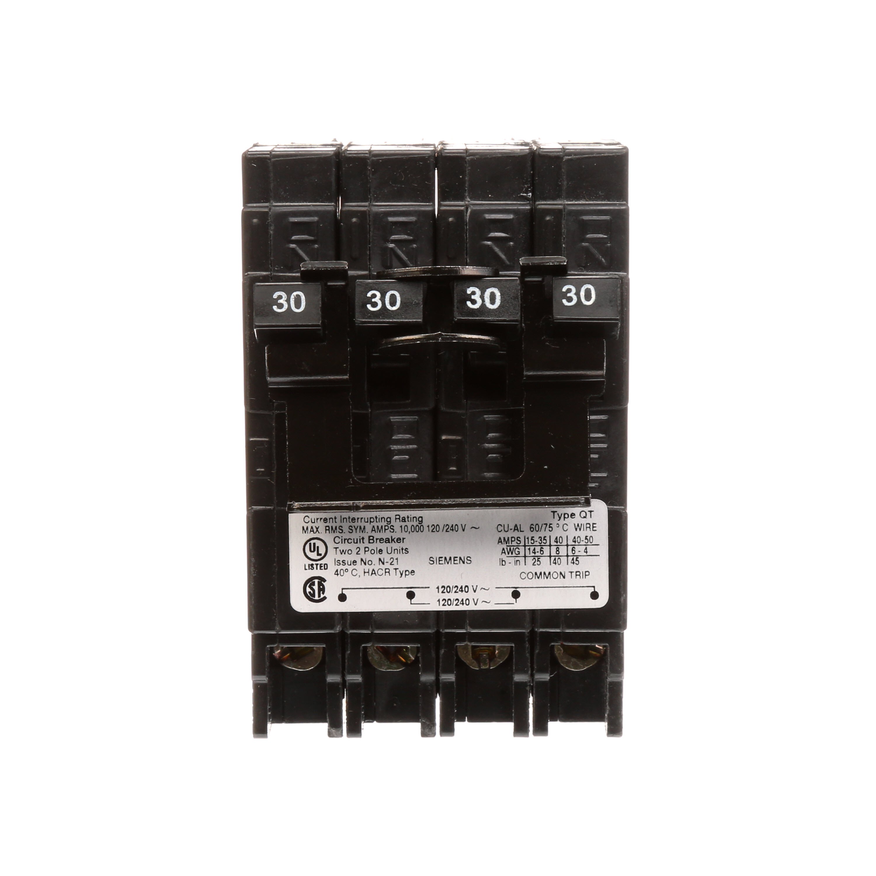 Siemens Low Voltage Residential Circuit Breakers Miniature Thermal Mag Circuit Breakers - Duplex, Triplex, Quadplex are Circuit Protection Load Center Mains, Feeders, and Miniature Circuit Breakers. BREAKER(2)30A 2P 120/240V 10K NON-CTL QT