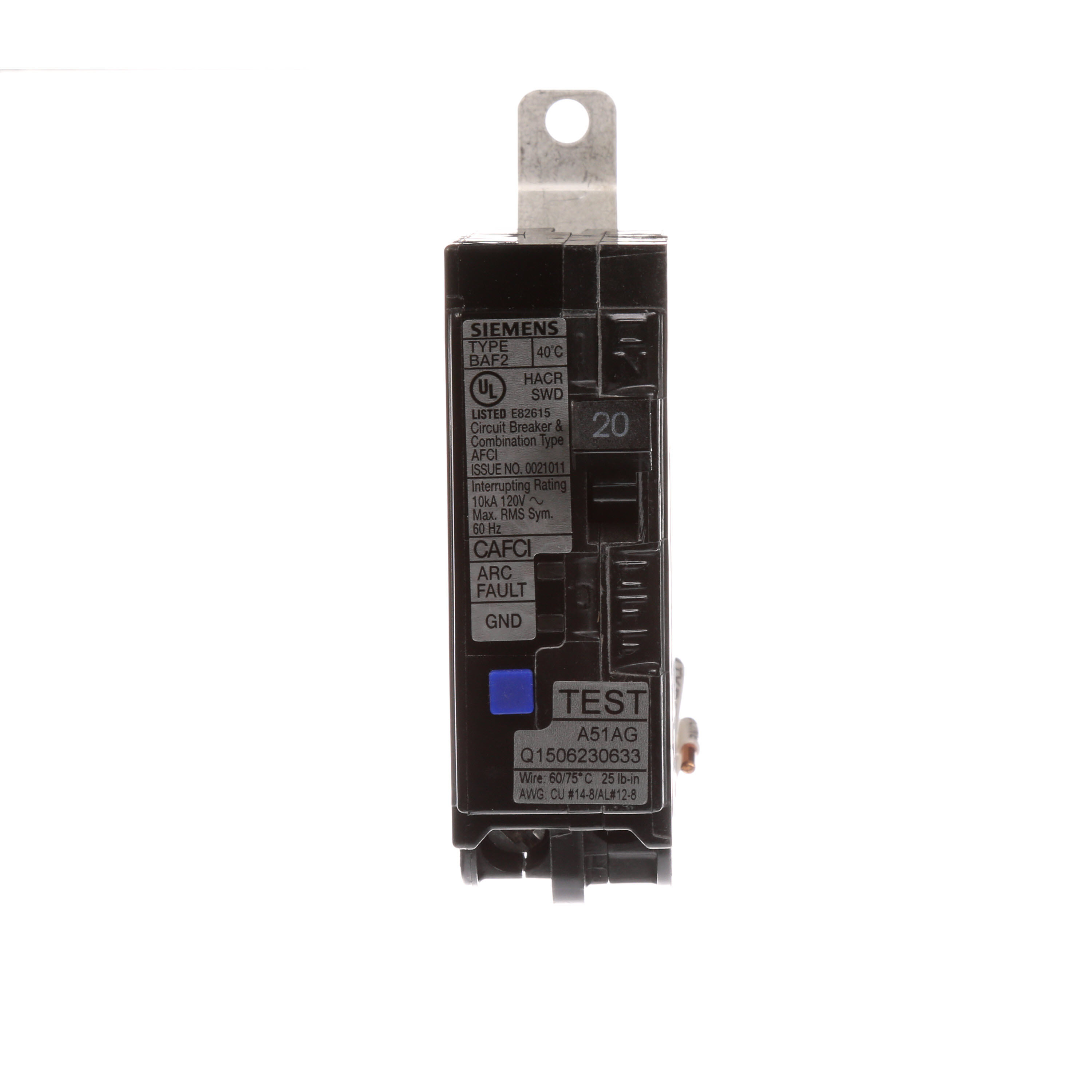 Siemens Low Voltage Molded Case Circuit Breakers Panelboard Mounting 240V AFCI Circuit Breakers - 1-Pole, AFCI Combo - BAF, 10KAIC, 120VAC are Circuit Protection Molded Case Circuit Breakers. Sub Brand N/A Type BL Special Features N/A Application Electrical Distribution Standard UL 1699 Voltage Rating 120V Amperage Rating 20A Load Rating N/A Frequency Rating N/A Phase N/A Frame N/A Trip Type N/A Trip Range Thermal Magnetic Interrupt Rating 10 AIC Number Of Poles 1P