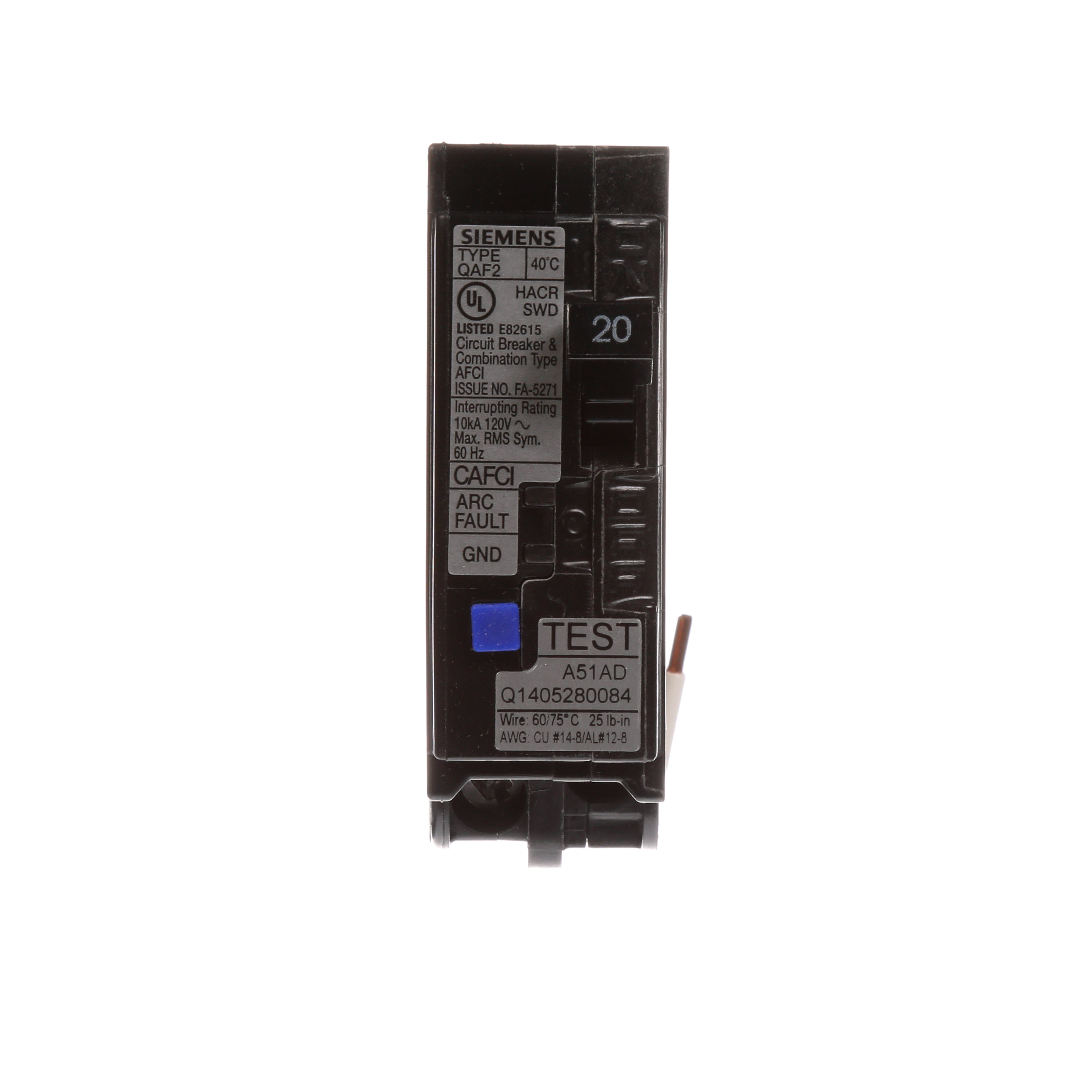 Siemens Low Voltage Residential Circuit Breakers Miniature Circuit Breakers AFCI - Combo AFCI 1-pole plug-on 10k are Circuit Protection Load Center Mains, Feeders, and Miniature Circuit Breakers. BREAKER 20A 1P 120V 10K QAF2 COMB AFCI