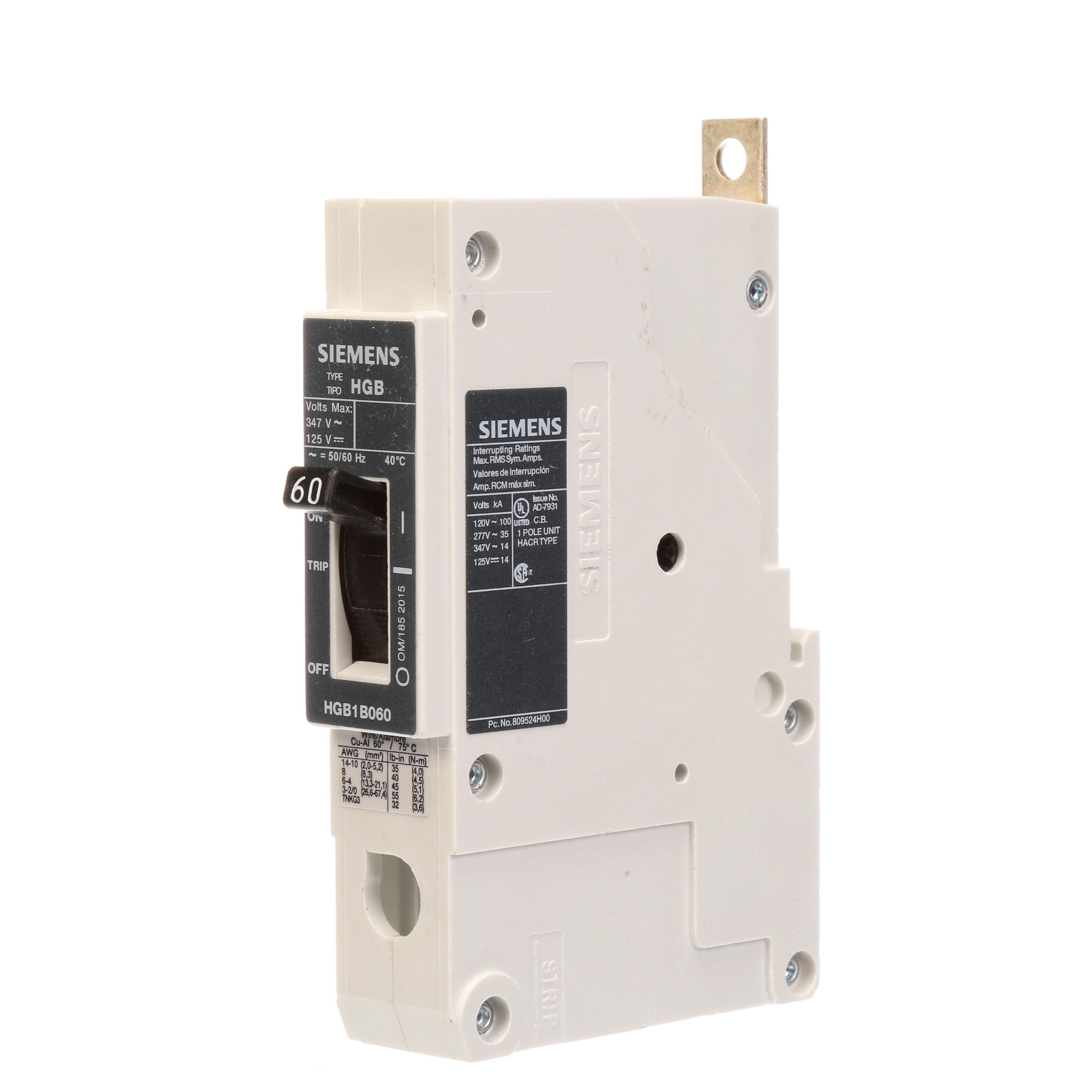 SIEMENS LOW VOLTAGE PANELBOARD MOUNT G FRAME CIRCUIT BREAKER WITH THERMAL - MAGNETIC TRIP. UL LISTED HGB FRAME WITH HIGH BREAKING CA PACITY. 60A 1-POLE (14KAICAT 347V) (35KAIC AT 277V). SPECIAL FEATURES MOUNTS ON PANELBOARD, LOAD SIDE LUGS ONLY (TC1GG20) WIRE RANGE 8 - 1/0 AWS (CU/AL). DIMENSIONS (W x H x D) IN 1 x 5.4 x 2.8.