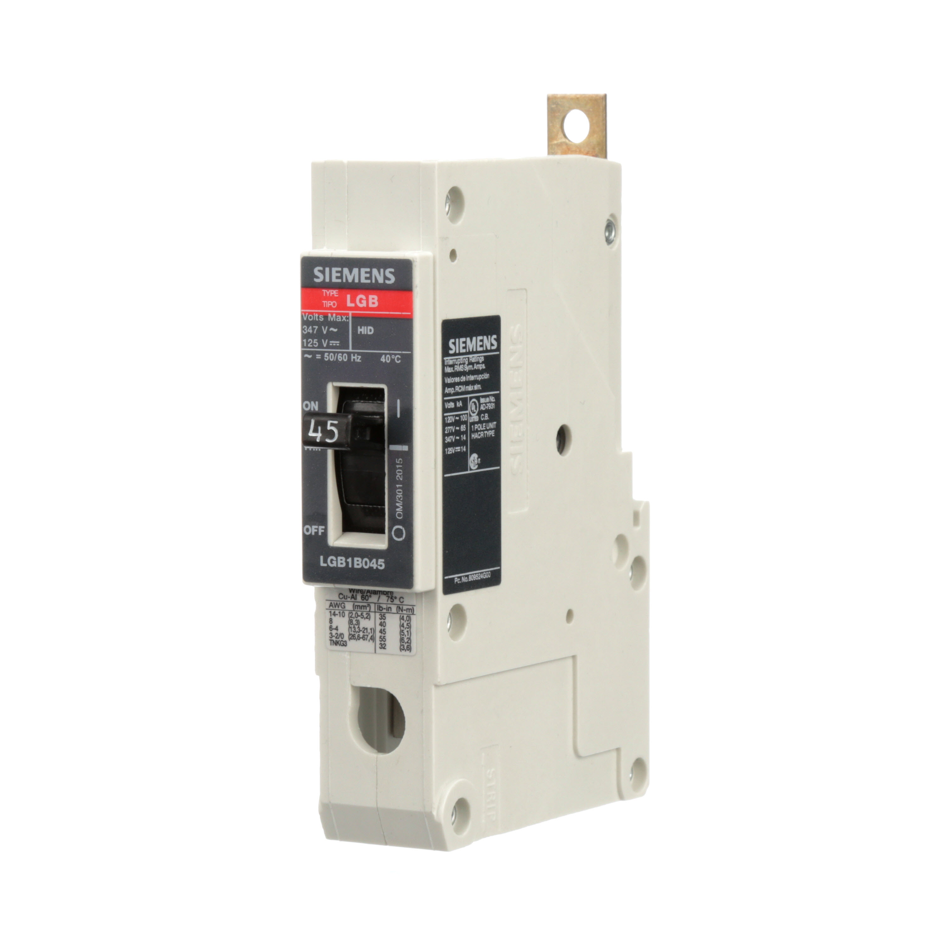 SIEMENS LOW VOLTAGE PANELBOARD MOUNT G FRAME CIRCUIT BREAKER WITH THERMAL - MAGNETIC TRIP. UL LISTED LGB FRAME WITH VERY HIGH BREAKING CAPACITY. 45A 1-POLE (14KAIC AT 347V) (65KAIC AT 277V). SPECIAL FEATURES MOUNTS ON PANELBOARD, LOAD SIDELUGS ONLY (TC1GG20) WIRE RANGE 8 - 1/0 AWS (CU/AL). DIMENSIONS (W x H x D) IN 1x 5.4 x 2.8.