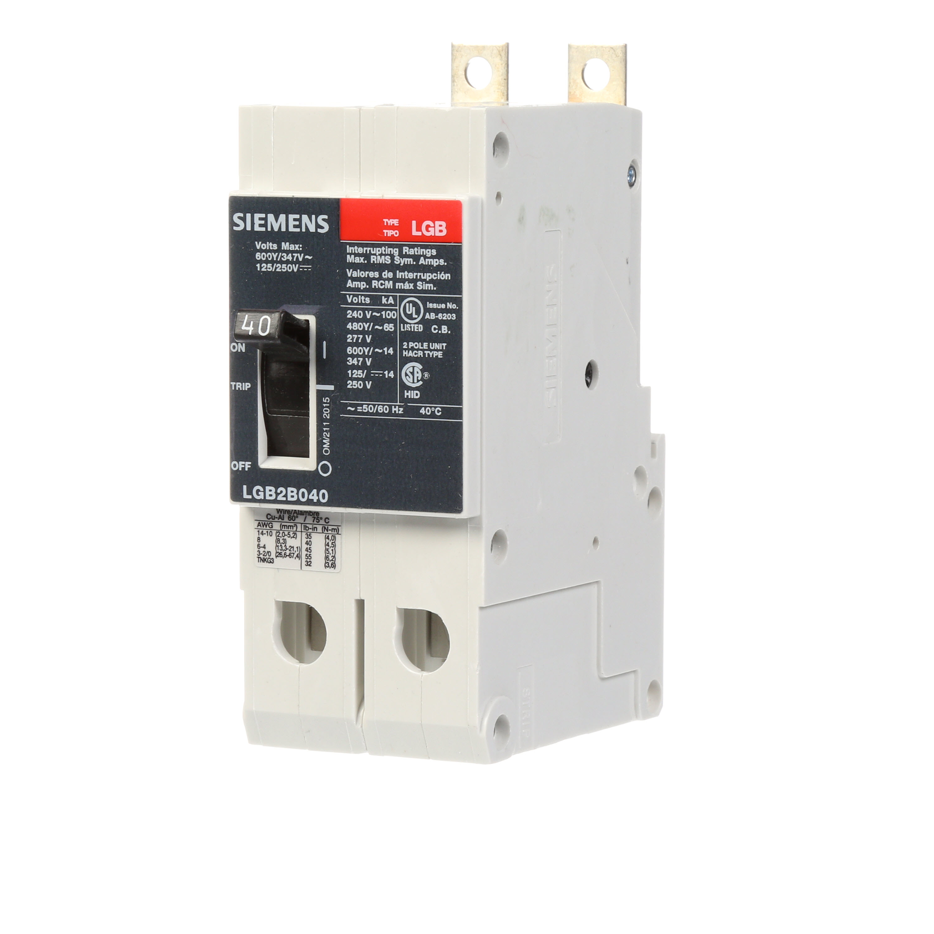 SIEMENS LOW VOLTAGE PANELBOARD MOUNT G FRAME CIRCUIT BREAKER WITH THERMAL - MAGNETIC TRIP. UL LISTED LGB FRAME WITH VERY HIGH BREAKING CAPACITY. 45A 2-POLE (14KAIC AT 600Y/347V) (65KAIC AT 480Y/277V). SPECIAL FEATURES MOUNTS ON PANELBOARD,LOAD SIDE LUGS ONLY (TC1GG20) WIRE RANGE 8 - 1/0 AWS (CU/AL). DIMENSIONS (W x Hx D) IN 2 x 5.4 x 2.8.