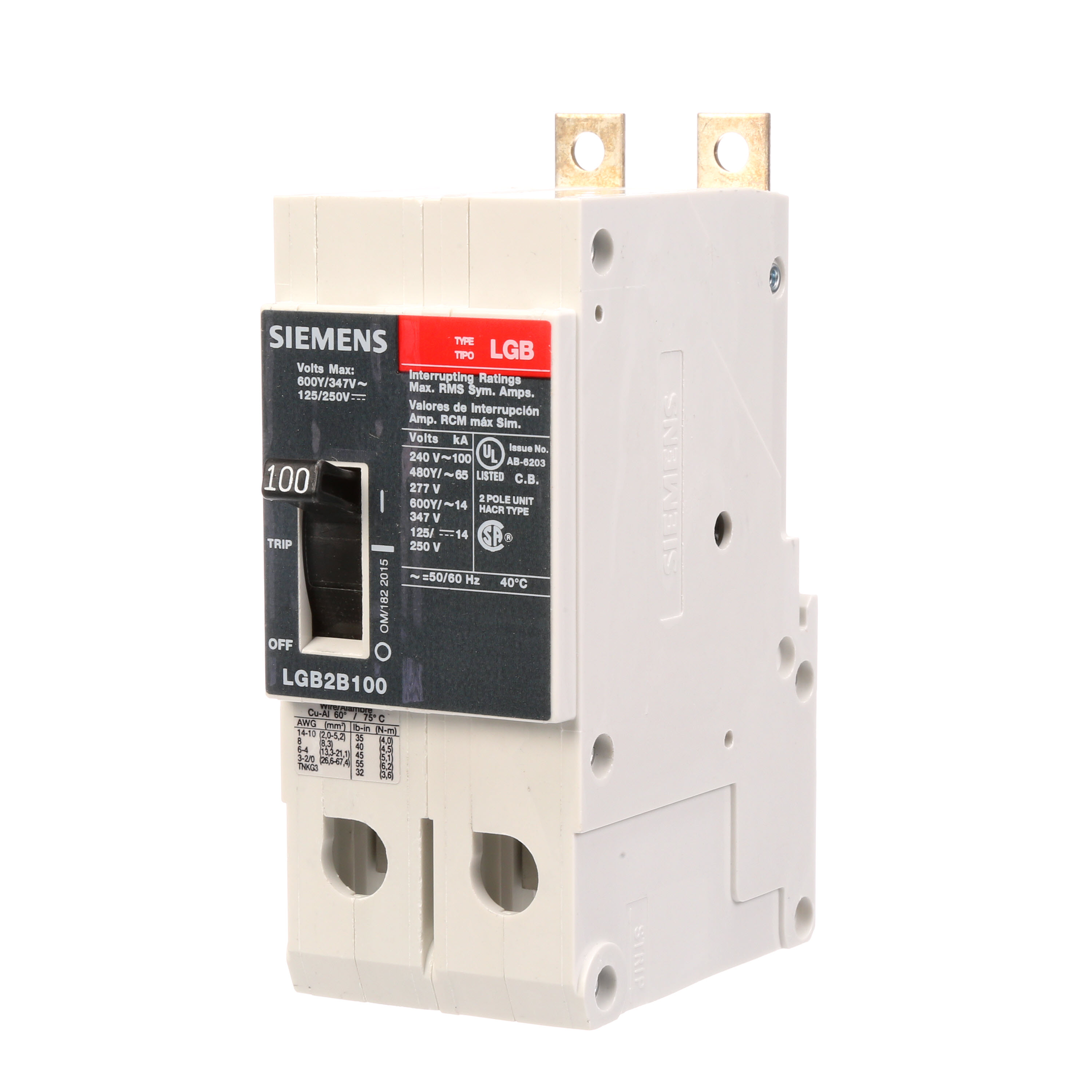 SIEMENS LOW VOLTAGE PANELBOARD MOUNT G FRAME CIRCUIT BREAKER WITH THERMAL - MAGNETIC TRIP. UL LISTED LGB FRAME WITH VERY HIGH BREAKING CAPACITY. 80A 2-POLE (14KAIC AT 600Y/347V) (65KAIC AT 480Y/277V). SPECIAL FEATURES MOUNTS ON PANELBOARD,LOAD SIDE LUGS ONLY (TC1GG20) WIRE RANGE 8 - 1/0 AWS (CU/AL). DIMENSIONS (W x Hx D) IN 2 x 5.4 x 2.8.