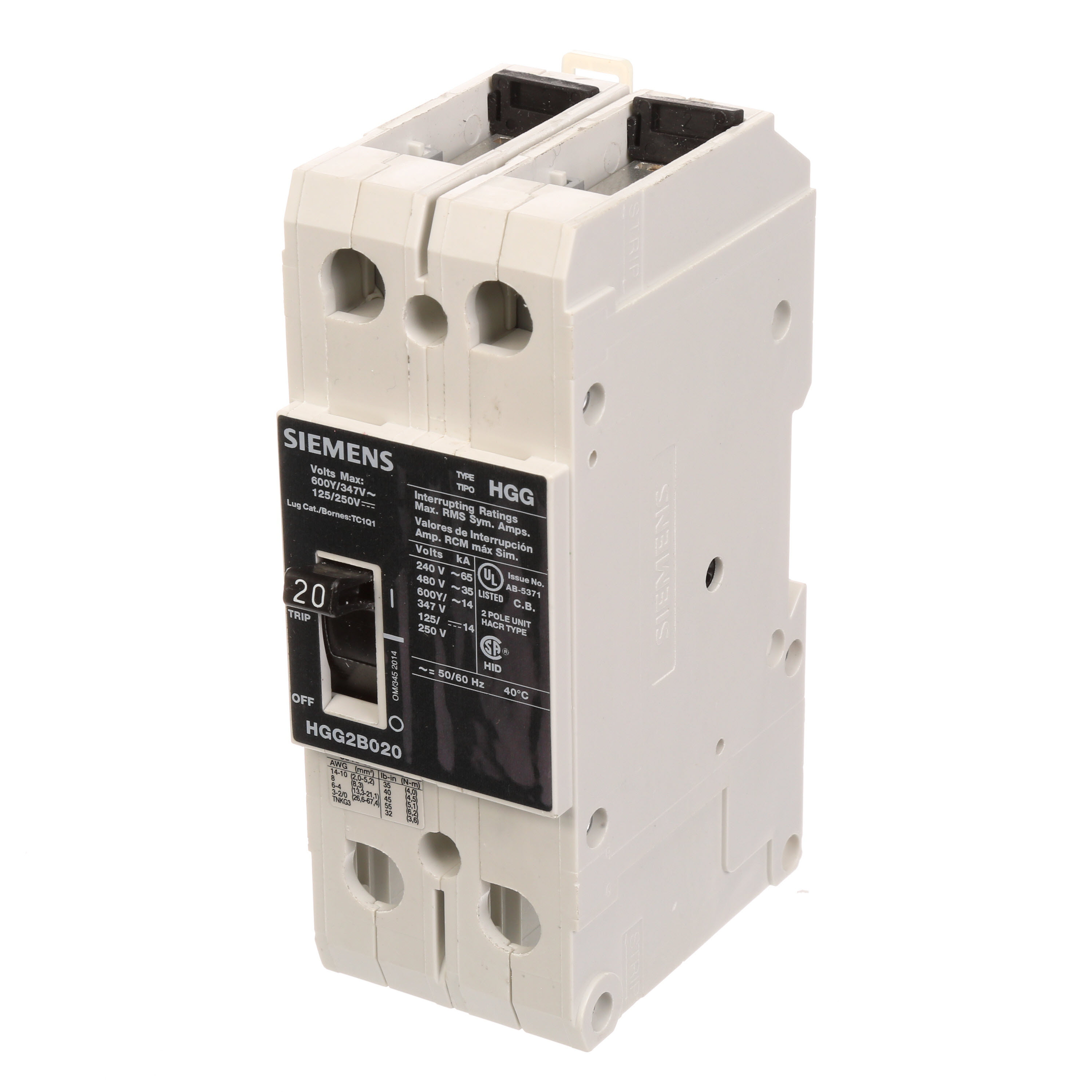 SIEMENS LOW VOLTAGE G FRAME CIRCUIT BREAKER WITH THERMAL - MAGNETIC TRIP. UL LISTED HGG FRAME WITH HIGH BREAKING CAPACITY. 40A 3-POLE (14KAIC AT 600Y/347V) (35KAIC AT 480V). SPECIAL FEATURES MOUNTS ON DIN RAIL / SCREW, LINE AND LOAD SIDE LUGS (TC1GG20) WIRE RANGE 8 - 1/0 AWS (CU/AL). DIMENSIONS (W x H x D) IN 3 x 5.4 x 2.8.