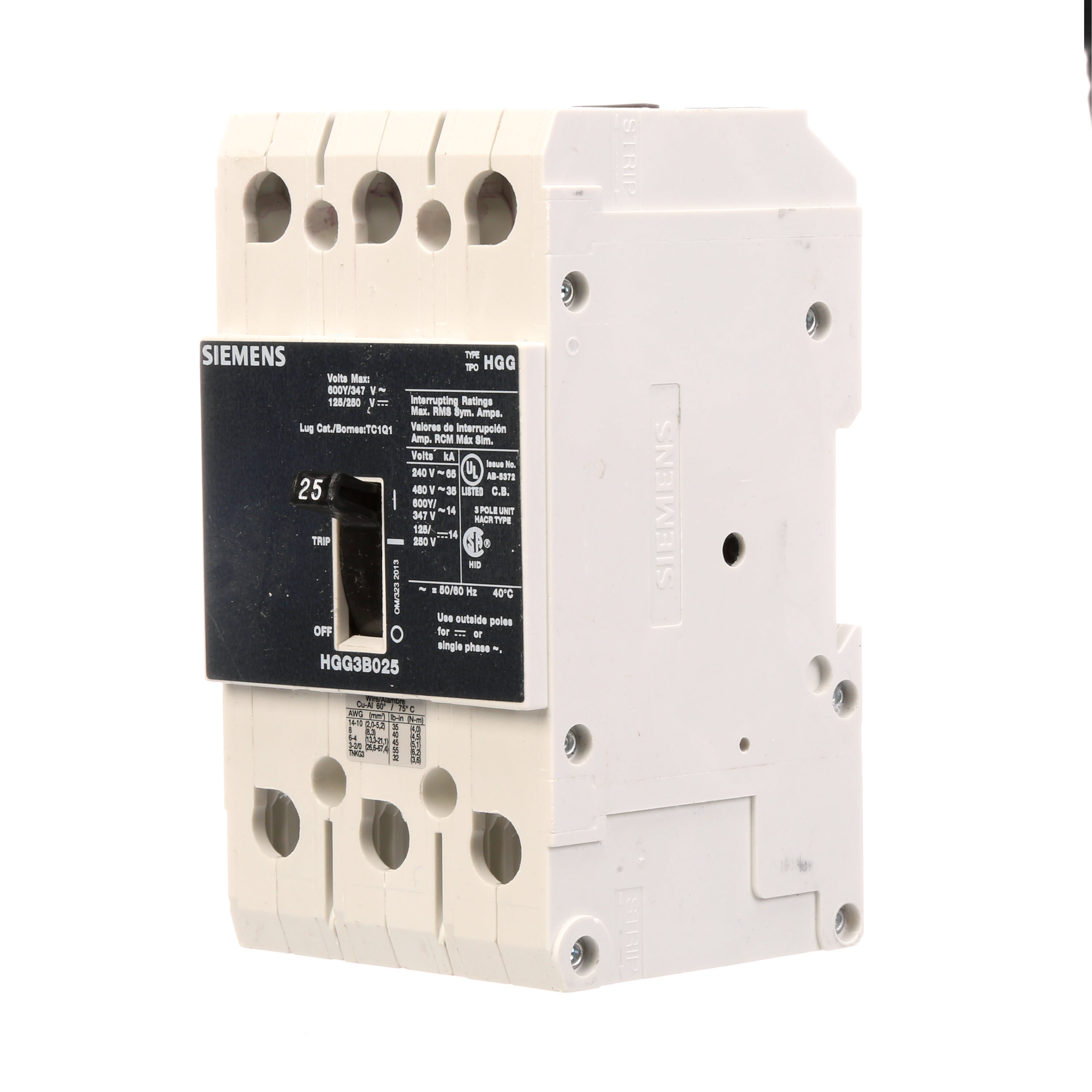 SIEMENS LOW VOLTAGE G FRAME CIRCUIT BREAKER WITH THERMAL - MAGNETIC TRIP. UL LISTED HGG FRAME WITH HIGH BREAKING CAPACITY. 25A 3-POLE (14KAIC AT 600Y/347V) (35KAIC AT 480V). SPECIAL FEATURES MOUNTS ON DIN RAIL / SCREW, LINE AND LOAD SIDE LUGS (TC1Q1) WIRE RANGE 14 - 10 AWS (CU/AL). DIMENSIONS (W x H x D) IN 3 x 5.4 x 2.8.