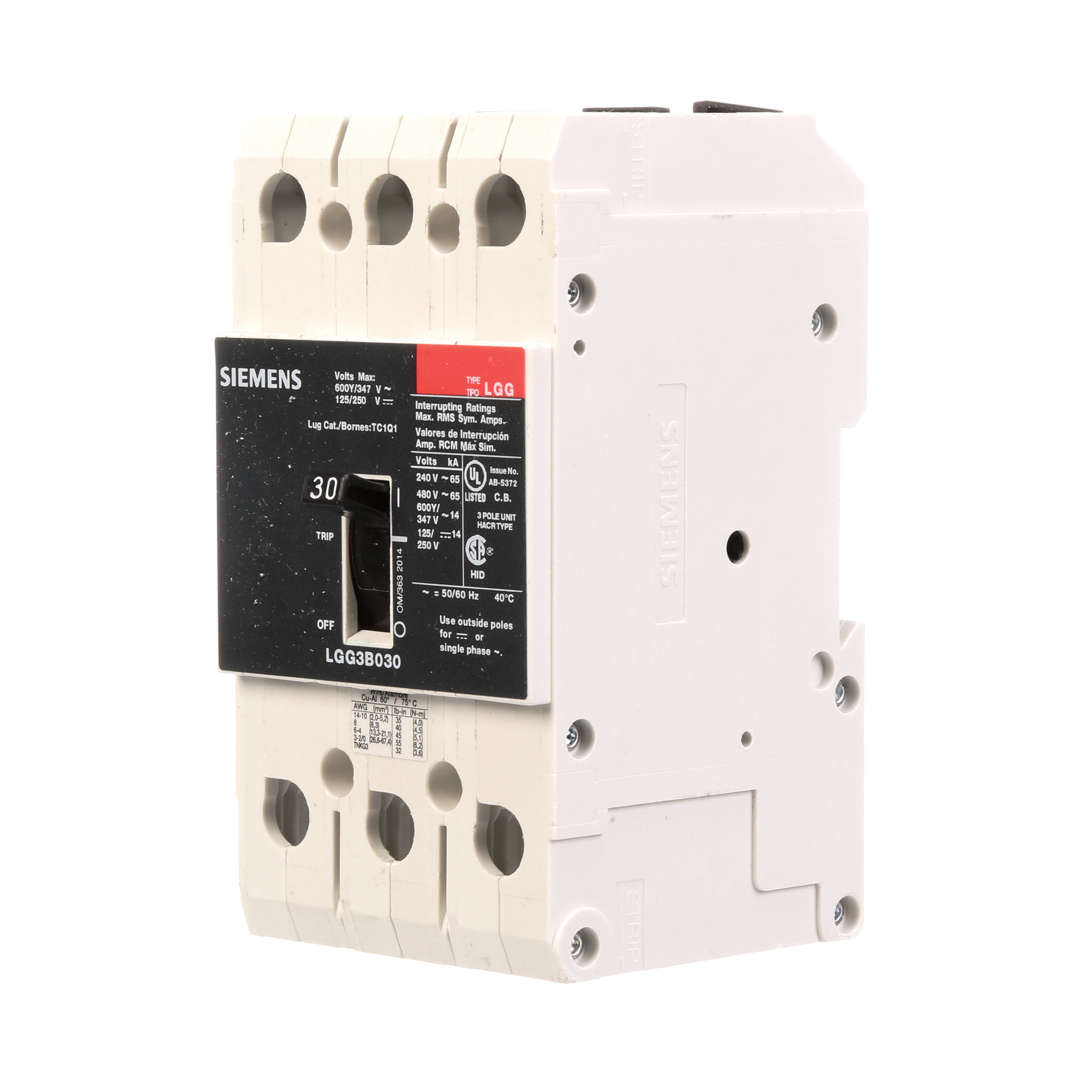 SIEMENS LOW VOLTAGE G FRAME CIRCUIT BREAKER WITH THERMAL - MAGNETIC TRIP. UL LISTED LGG FRAME WITH VERY HIGH BREAKING CAPACITY. 30A 3-POLE (14KAIC AT 600Y/347V) (65KAIC AT 480V). SPECIAL FEATURES MOUNTS ON DIN RAIL / SCREW, LINE AND LOAD SIDE LUGS (TC1Q1) WIRE RANGE 14 - 10 AWS (CU/AL). DIMENSIONS (W x H x D) IN 3 x 5.4 x 2.8.