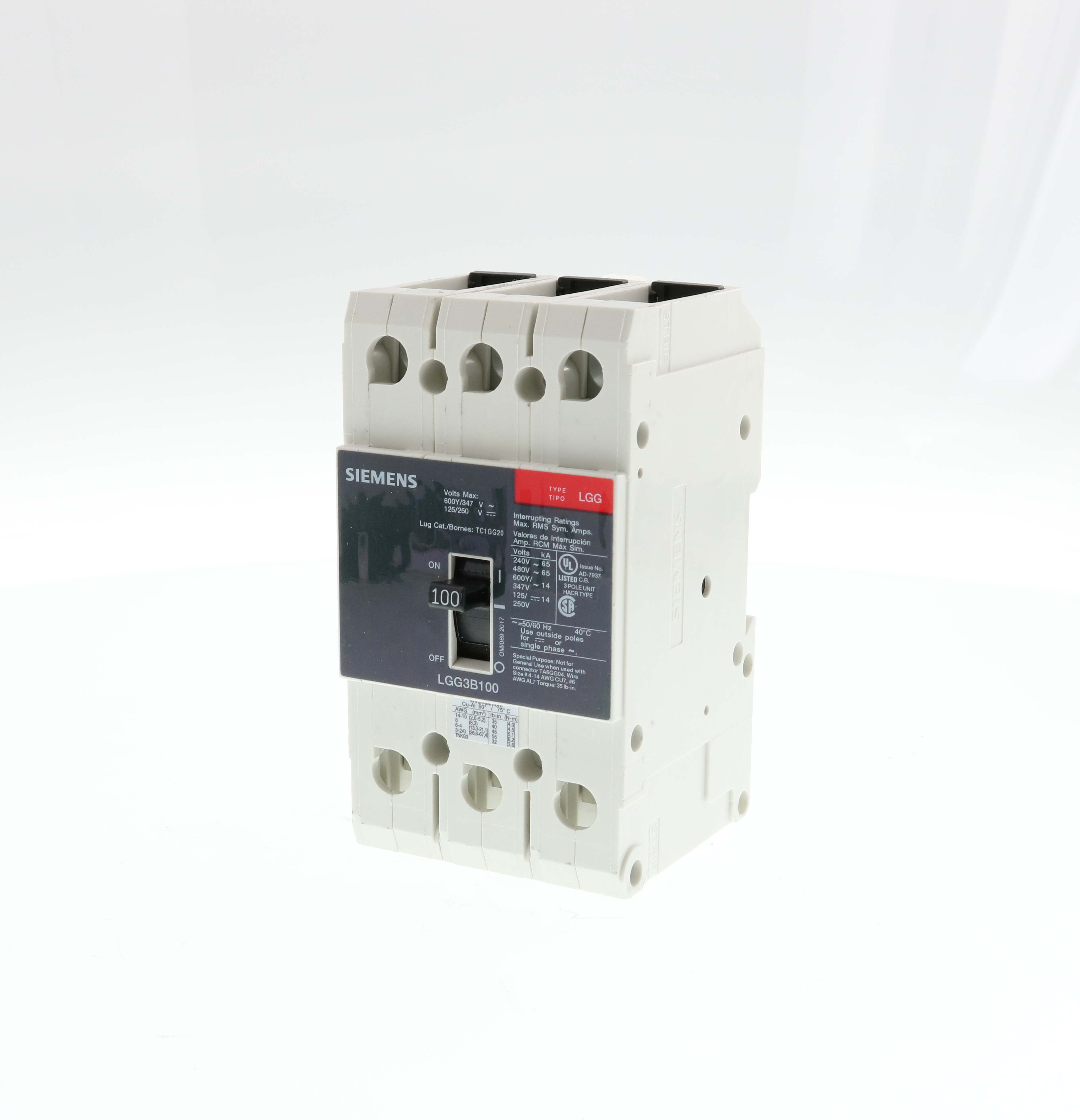 SIEMENS LOW VOLTAGE G FRAME CIRCUIT BREAKER WITH THERMAL - MAGNETIC TRIP. UL LISTED LGG FRAME WITH VERY HIGH BREAKING CAPACITY. 100A 3-POLE (14KAIC AT 600Y/347V) (65KAIC AT 480V). SPECIAL FEATURES MOUNTS ON DIN RAIL / SCREW, LINE AND LOAD SIDE LUGS (TC1GG20) WIRE RANGE 8 - 1/0 AWS (CU/AL). DIMENSIONS (W x H x D) IN 3 x 5.4 x 2.8.