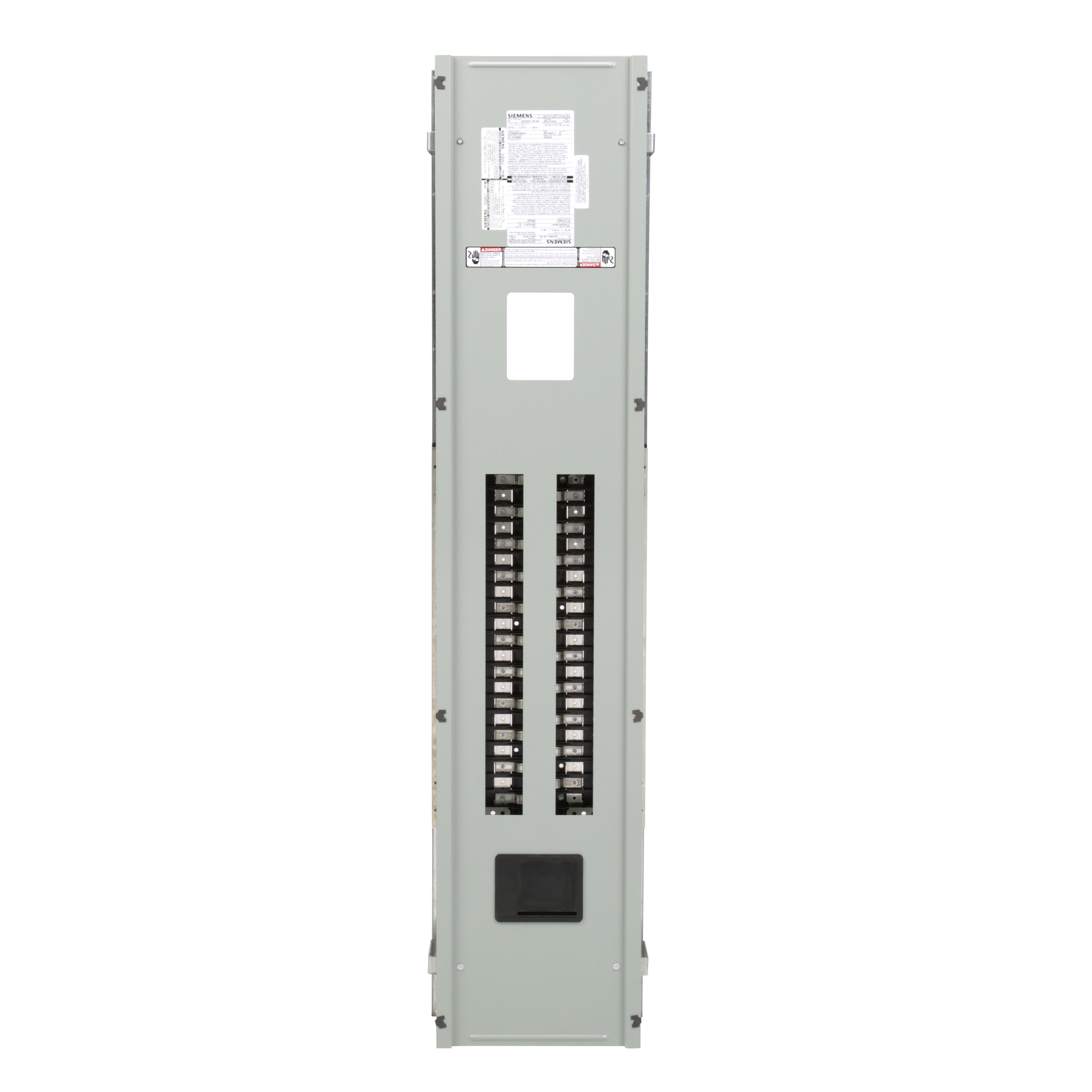 Siemens Low Voltage RP1 Unassembled Lighting Panel. Dimensions (H x W x D) IN 68.0 x 20.0 x 5.75. 1-Phase 3-Wire allows 42 circuits user selects Main Device (Lug/Breaker). Rated 120/240V (400A). Special features tin-plated aluminum main bus, subfeed space included