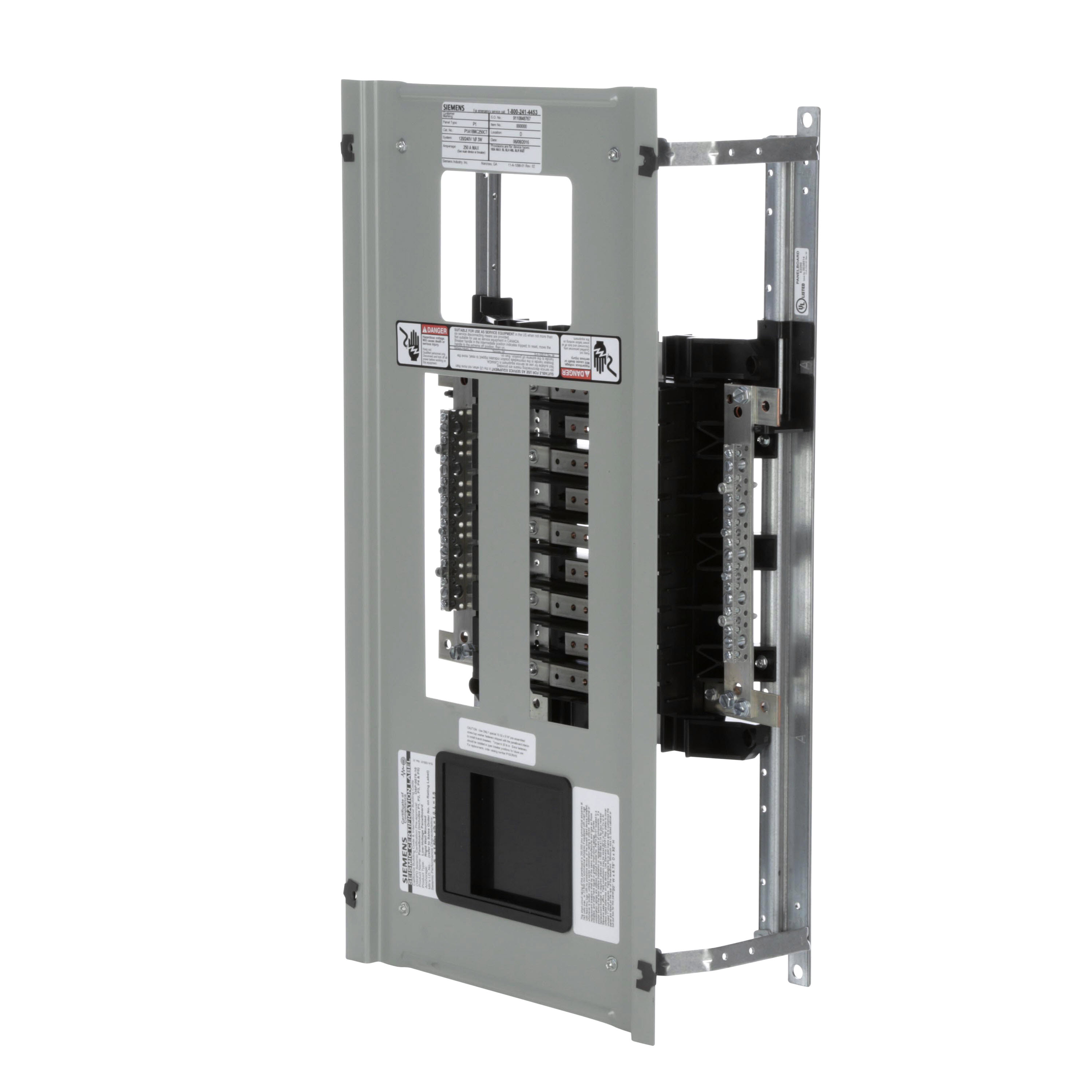Siemens Low Voltage RP1 Unassembled Lighting Panel. Dimensions (H x W x D) IN 32.0 x 20.0 x 5.75. 1-Phase 3-Wire allows 18 circuits user selects Main Device (Lug/Breaker). Rated 120/240V (250A). Special features tin-plated copper main bus,subfeed space included