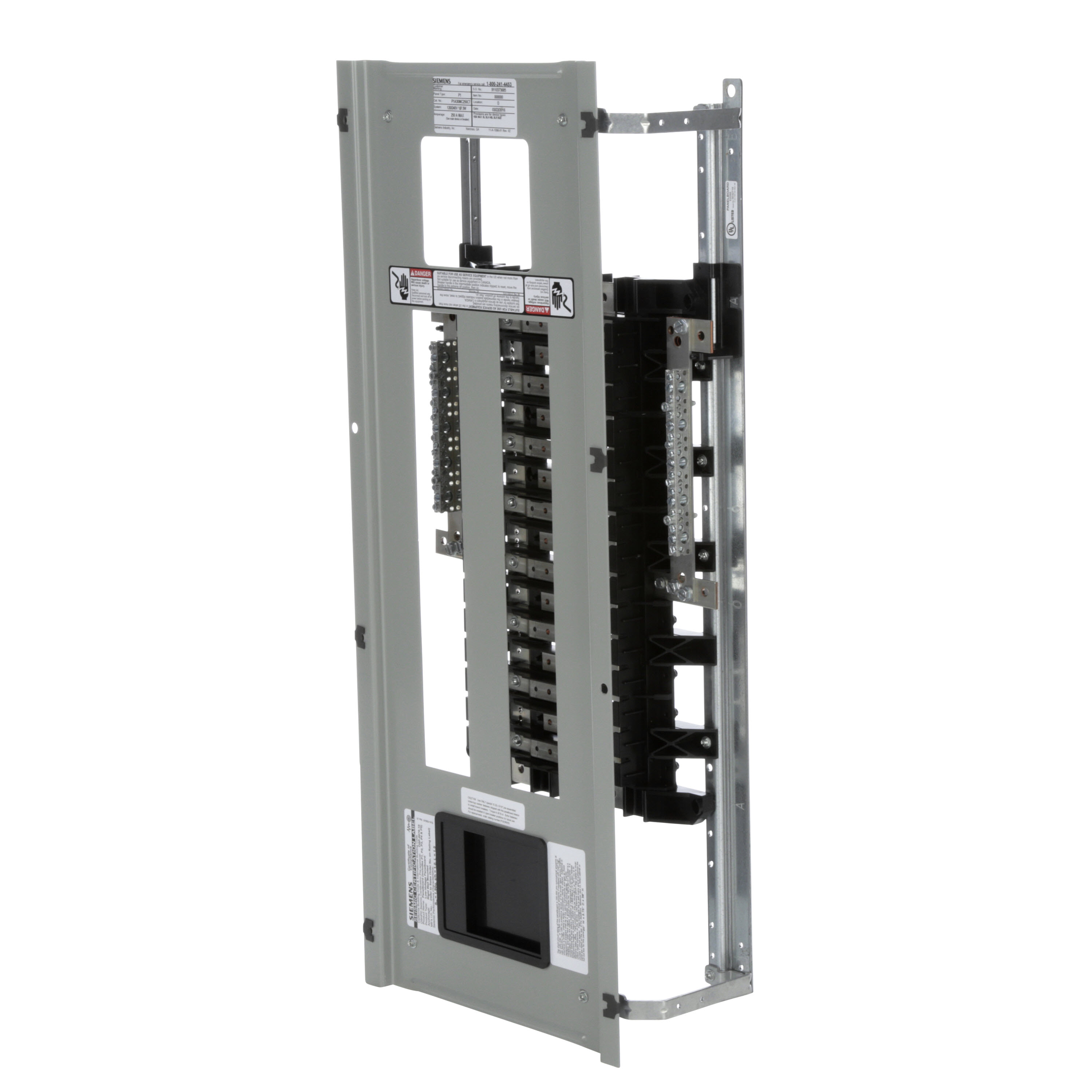 Siemens Low Voltage RP1 Unassembled Lighting Panel. Dimensions (H x W x D) IN 38.0 x 20.0 x 5.75. 1-Phase 3-Wire allows 30 circuits user selects Main Device (Lug/Breaker). Rated 120/240V (250A). Special features tin-plated copper main bus,subfeed space included