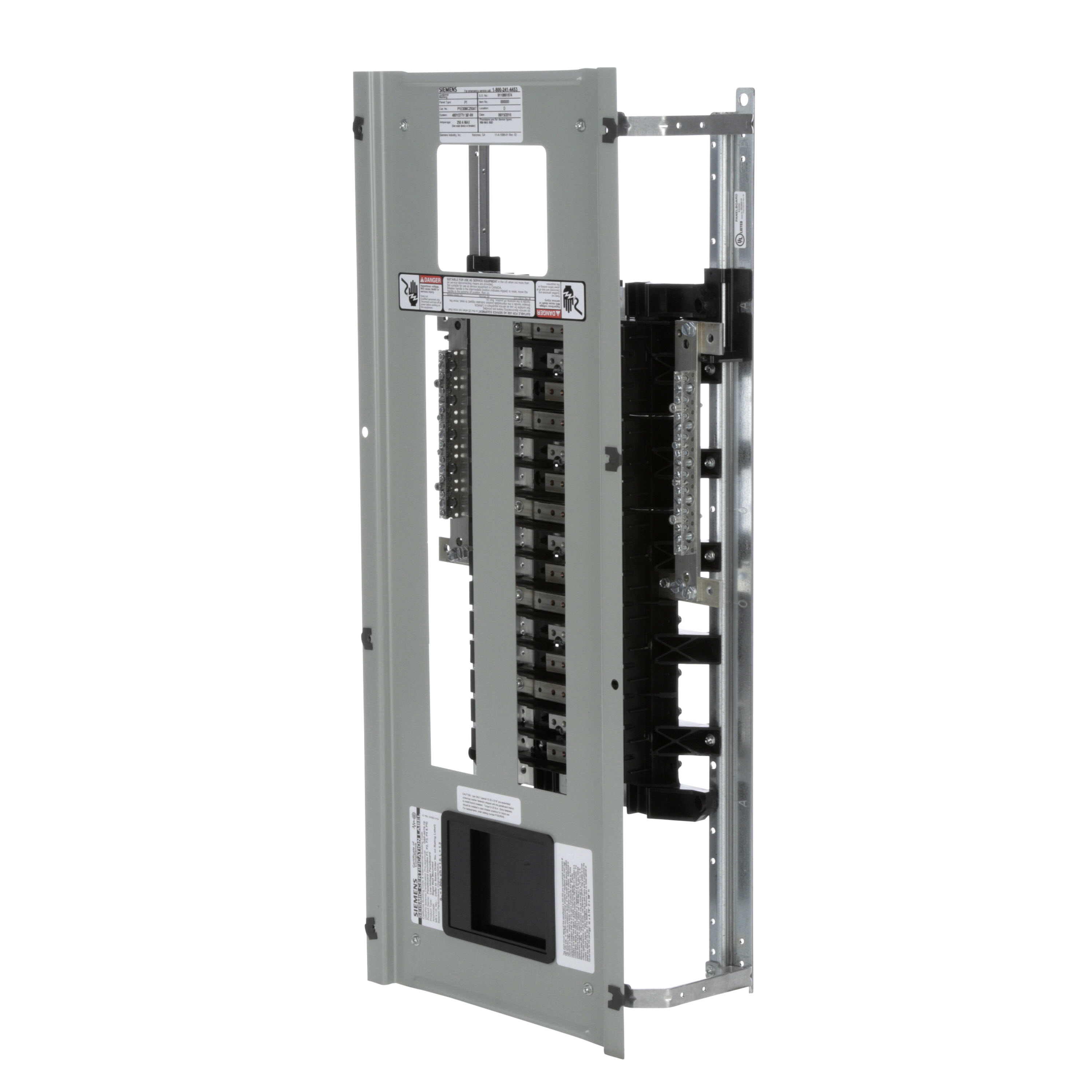 Siemens Low Voltage RP1 Unassembled Lighting Panel. Dimensions (H x W x D) IN 38.0 x 20.0 x 5.75. 3-Phase 4-Wire allows 30 circuits user selects Main Device (Lug/Breaker). Rated 480Y/277V (250A). Special features tin-plated aluminum main bus, subfeed space included
