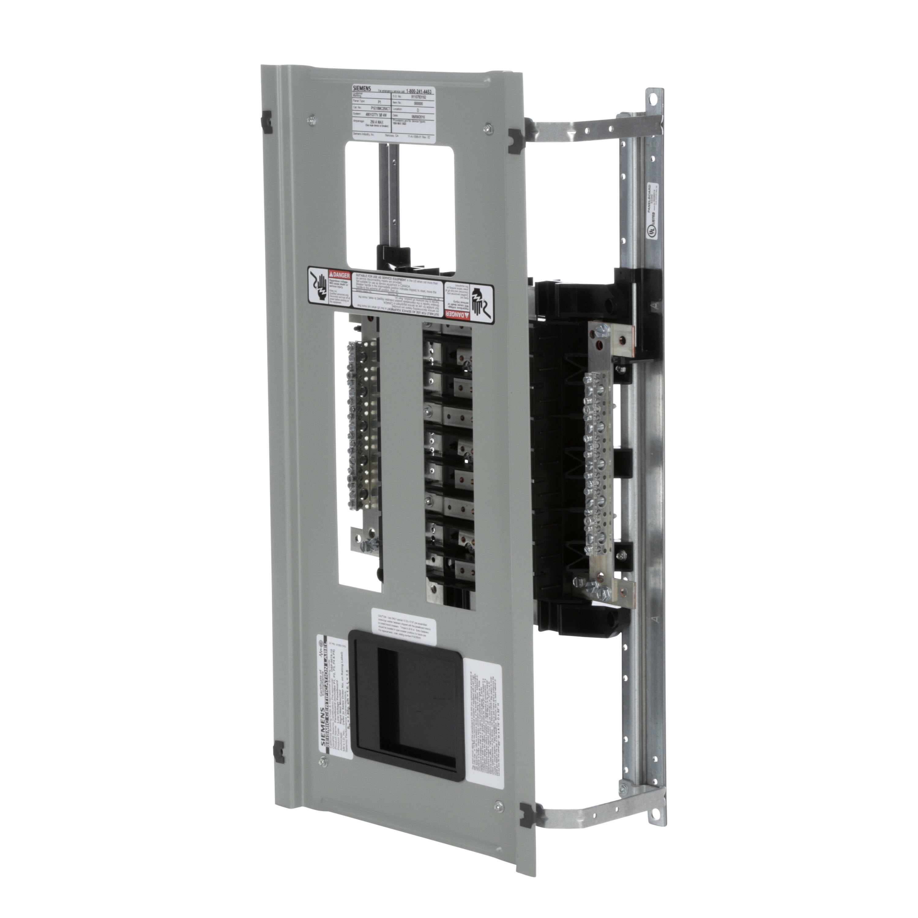 Siemens Low Voltage RP1 Unassembled Lighting Panel. Dimensions (H x W x D) IN 32.0 x 20.0 x 5.75. 3-Phase 4-Wire allows 18 circuits user selects Main Device (Lug/Breaker). Rated 480Y/277V (250A). Special features tin-plated copper main bus, subfeed space included