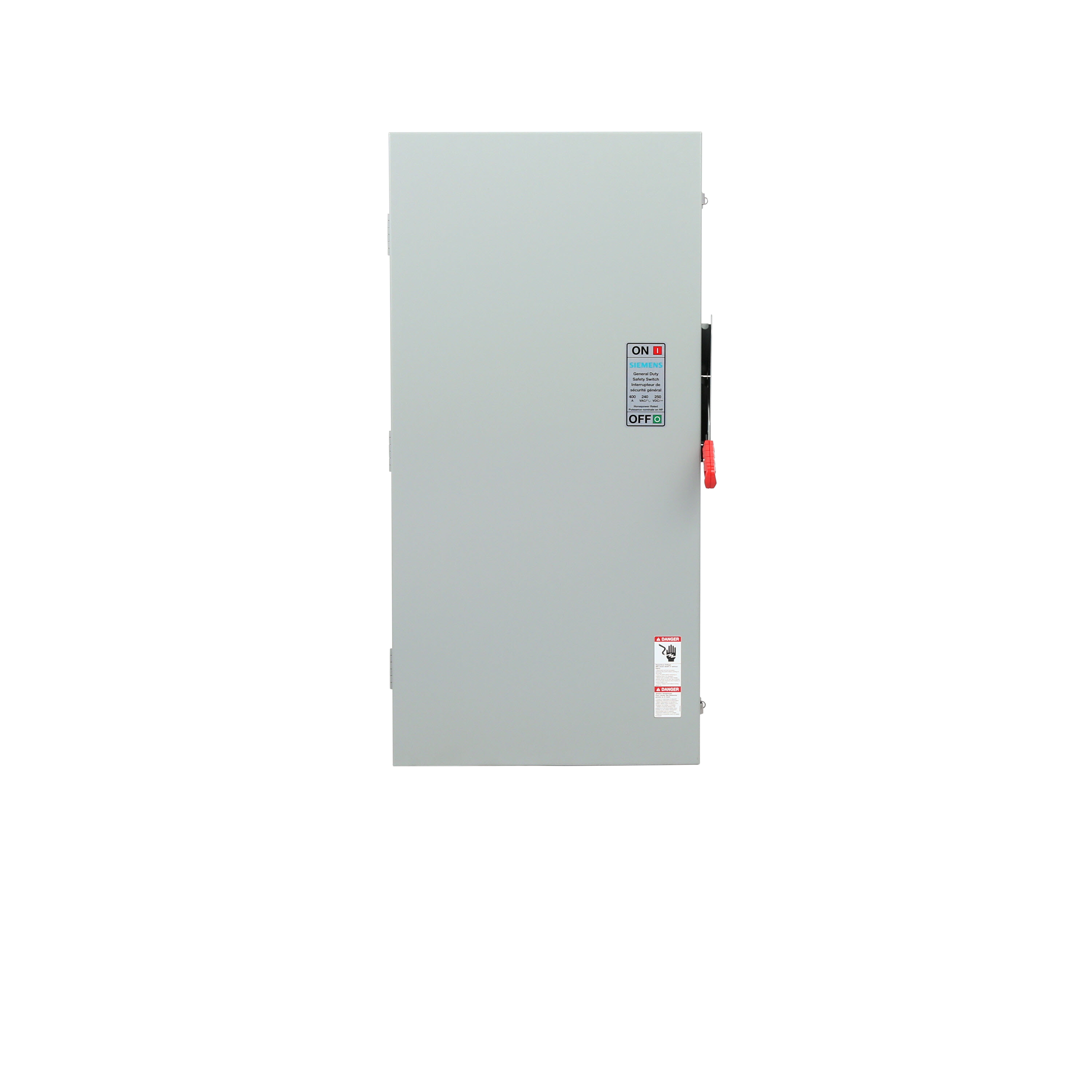 Siemens Low Voltage Circuit Protection General Duty Safety Switch. 2-Pole 2-Fuse and solid neutral Fused in a type 3R enclosure (outdoor). Rated 240VAC (400A).Horse power (Std, Time delay) fused 1-PH 2-W (15, - ), 3-PH 3-W (50, 125), 250VDC (50). Special features service entrance labeled suitable for 3-PH motor loads.