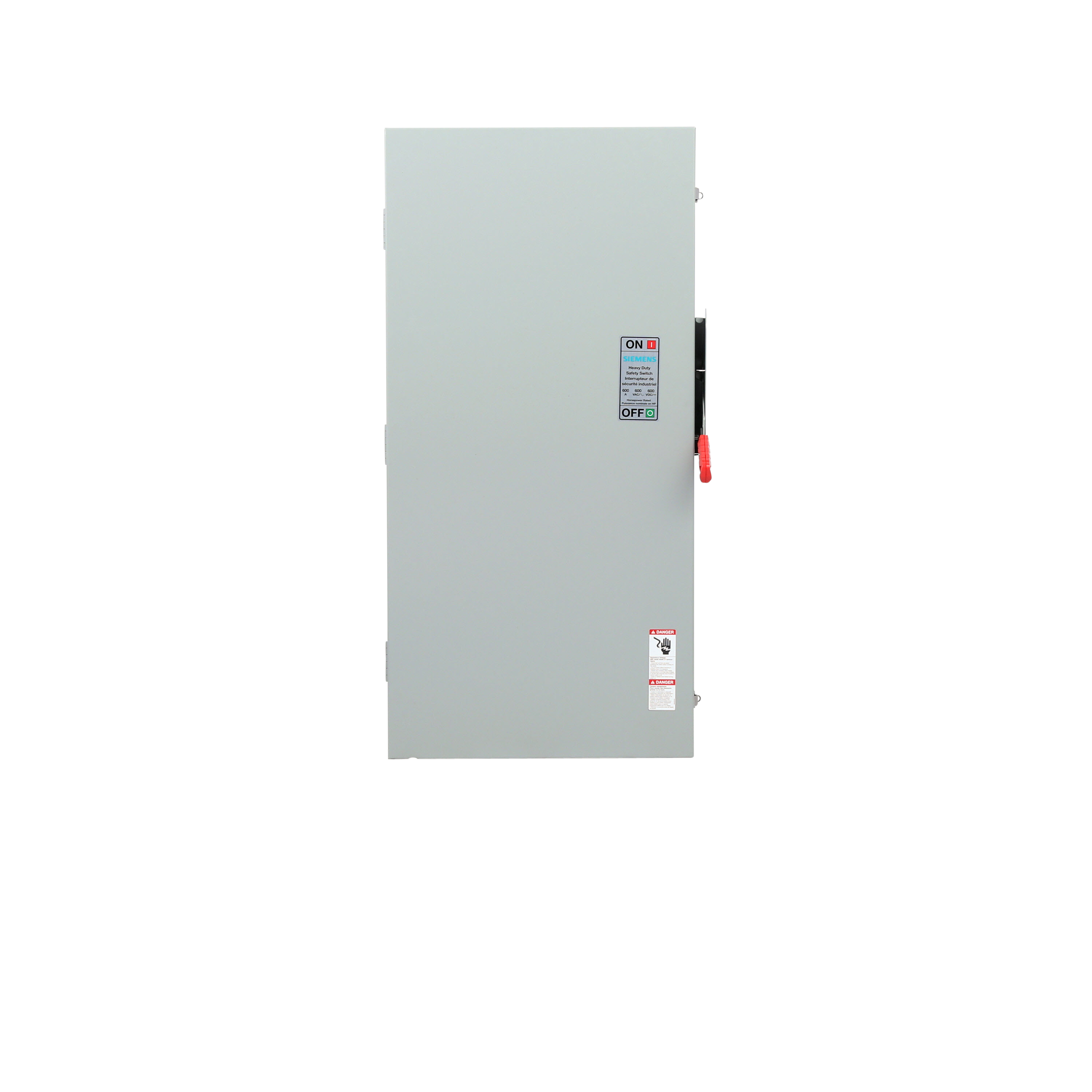 Siemens Low Voltage Circuit Protection Heavy Duty Safety Switch. 3-Pole 3-Fuse and solid neutral Fused in a type 3R enclosure (outdoor). Rated 600VAC (600A).
