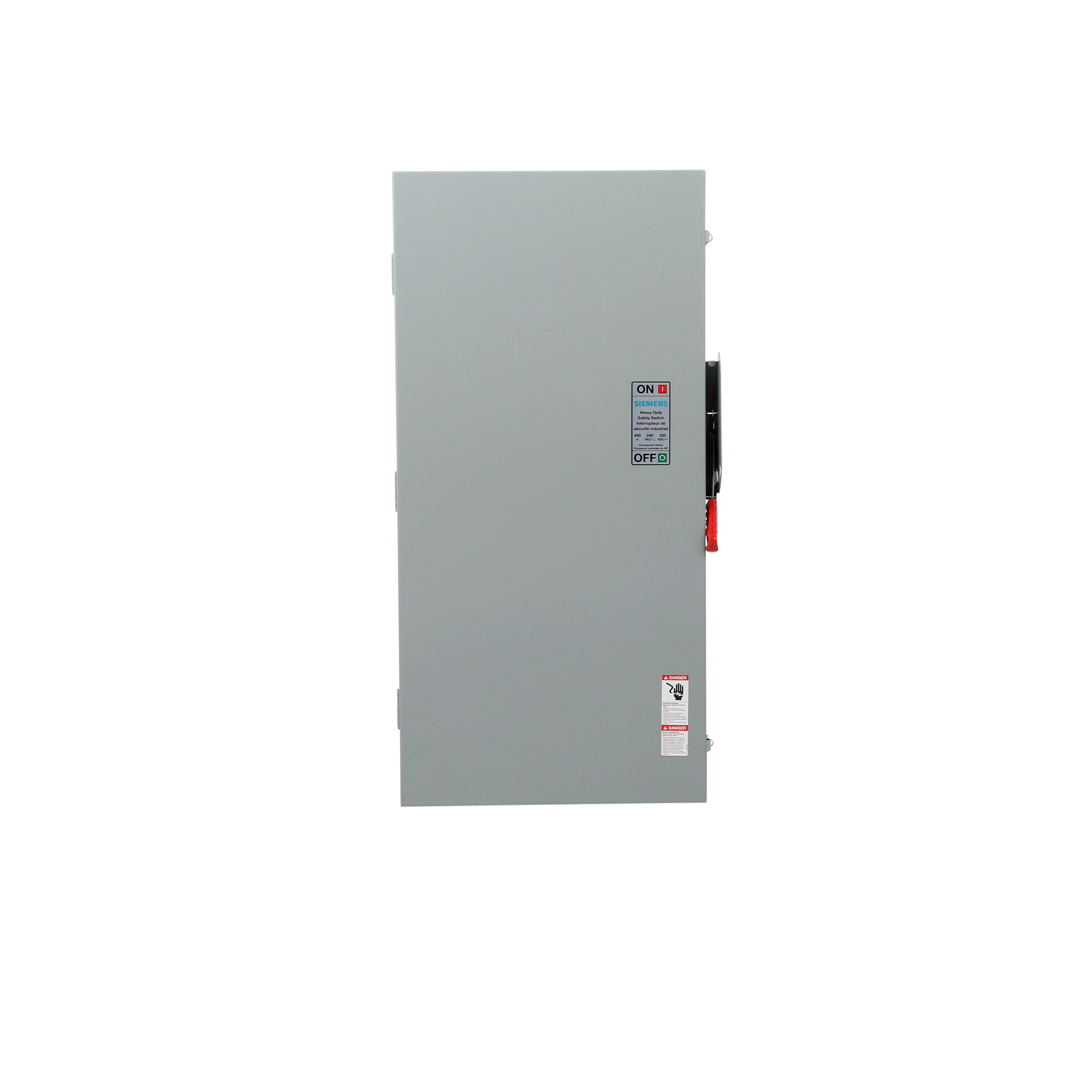 Siemens Low Voltage Circuit Protection Heavy Duty Safety Switch. 3-Pole 3-Fuse and solid neutral Fused in a type 1 enclosure (indoor). Rated 240VAC (400A).