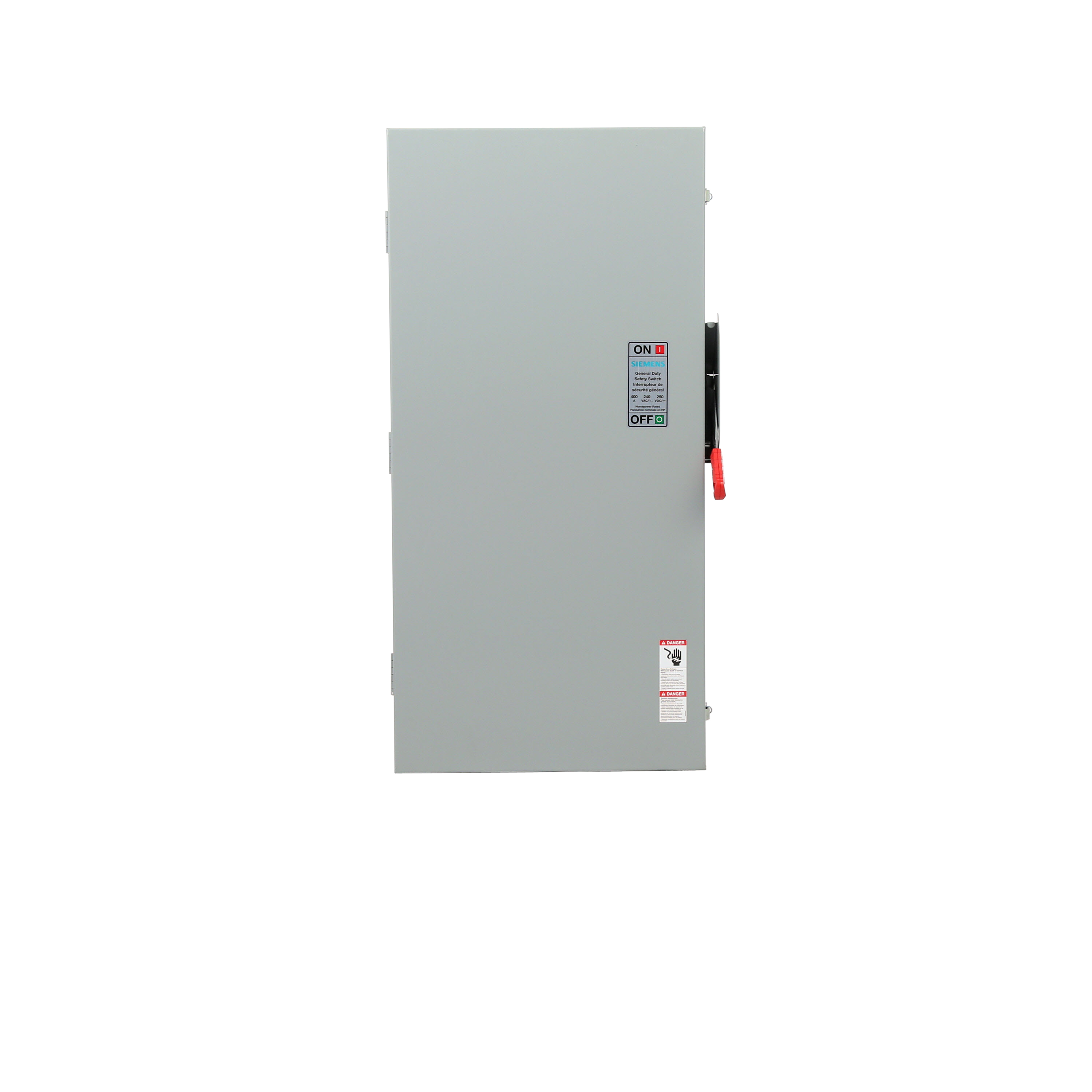 Siemens Low Voltage Circuit Protection General Duty Safety Switch. 3-Pole 3-Fuse and solid neutral Fused in a type 1 enclosure (indoor). Rated 240VAC (400A). Horse power (Std, Time delay) fused 1-PH 2-W (15, - ), 3-PH 3-W (50, 125), 250VDC(50). Special features service entrance labeled .