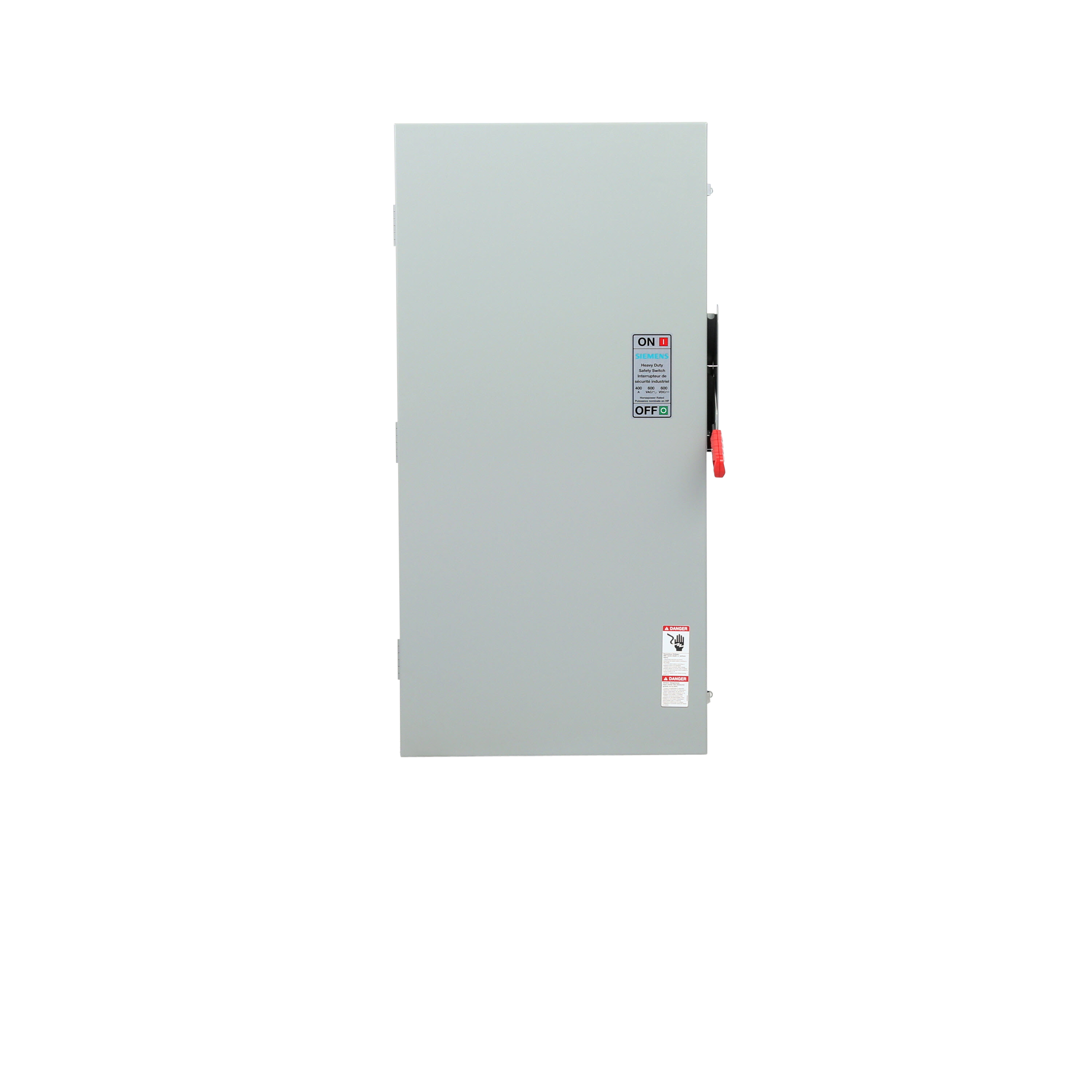 Siemens Low Voltage Circuit Protection Heavy Duty Safety Switch. 3-Pole 3-Fuse Fused in a type 1 enclosure (indoor). Rated 600VAC (400A).