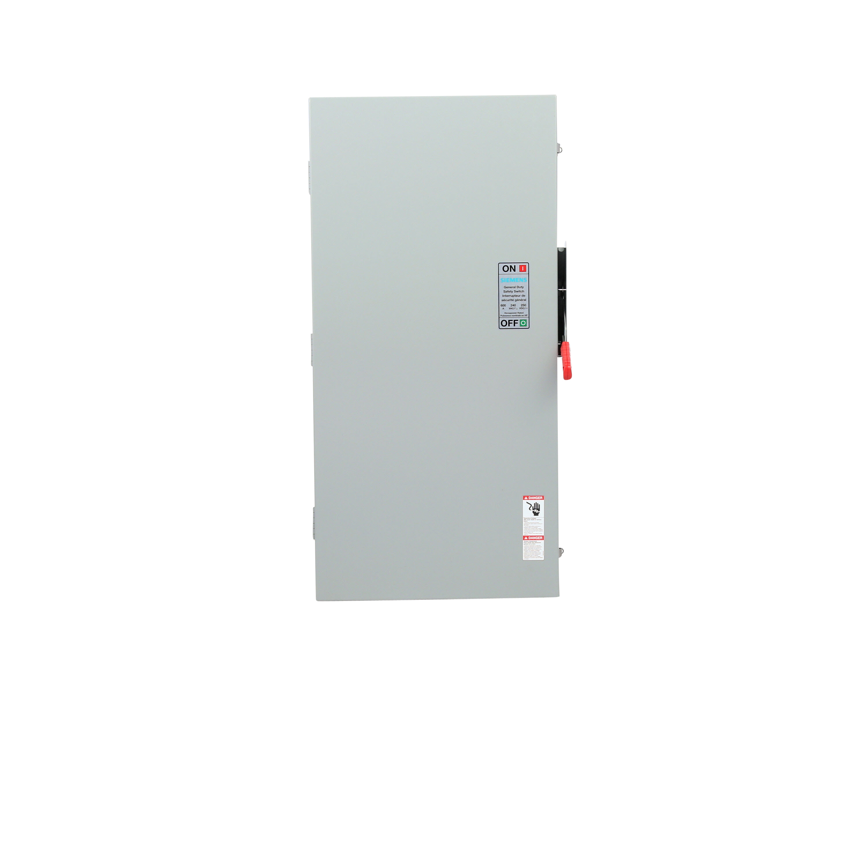 Siemens Low Voltage Circuit Protection General Duty Safety Switch. 3-Pole 3-Fuse and solid neutral Fused in a type 3R enclosure (outdoor). Rated 240VAC (600A).Horse power (Std, Time delay) fused 1-PH 2-W (15, - ), 3-PH 3-W (75, 200). Special features service entrance labeled .