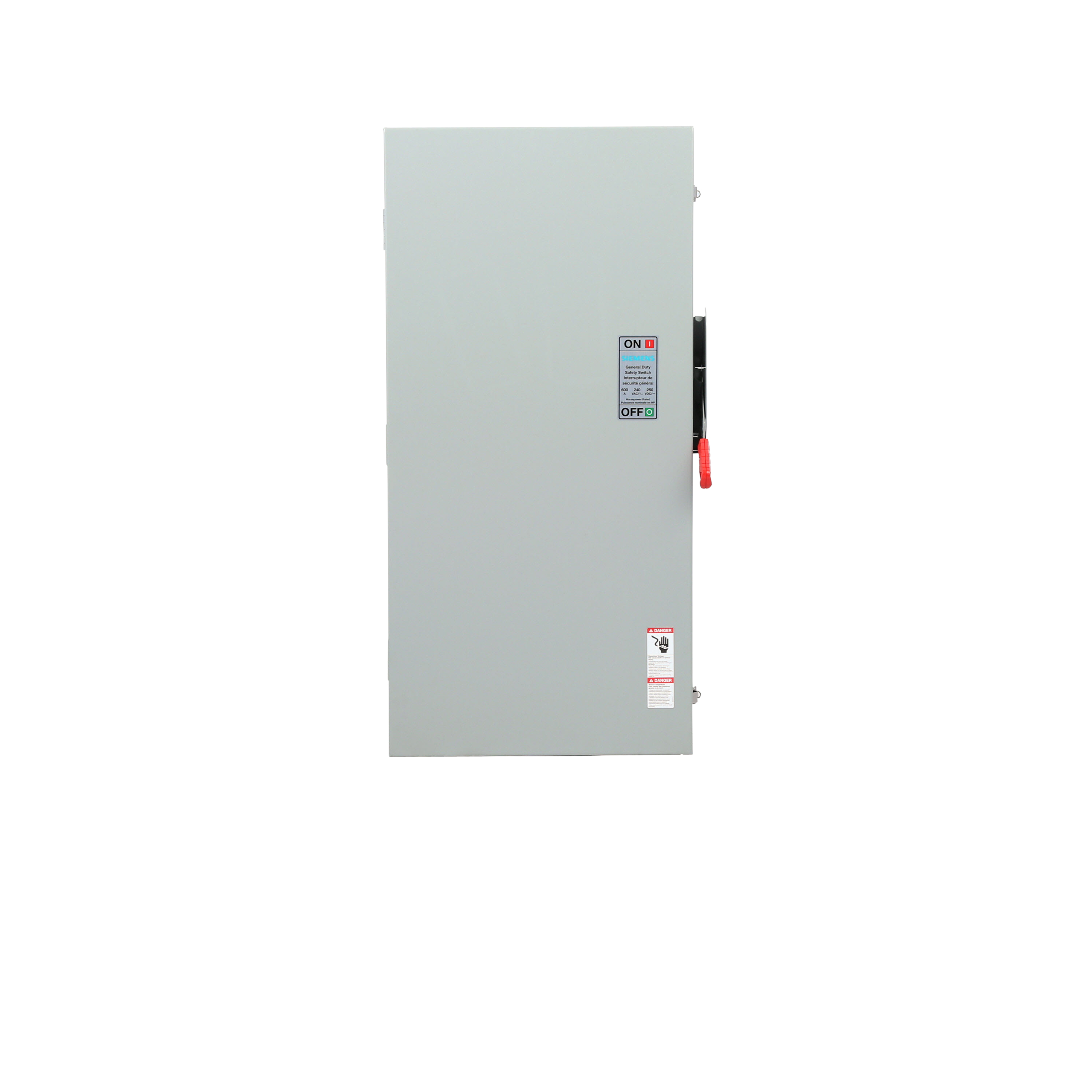 Siemens Low Voltage Circuit Protection General Duty Safety Switch. 2-Pole 2-Fuse and solid neutral Fused in a type 3R enclosure (outdoor). Rated 240VAC (600A).Horse power (Std, Time delay) fused 1-PH 2-W (15, - ), 3-PH 3-W (75, 200). Special features service entrance labeled suitable for 3-PH motor loads.