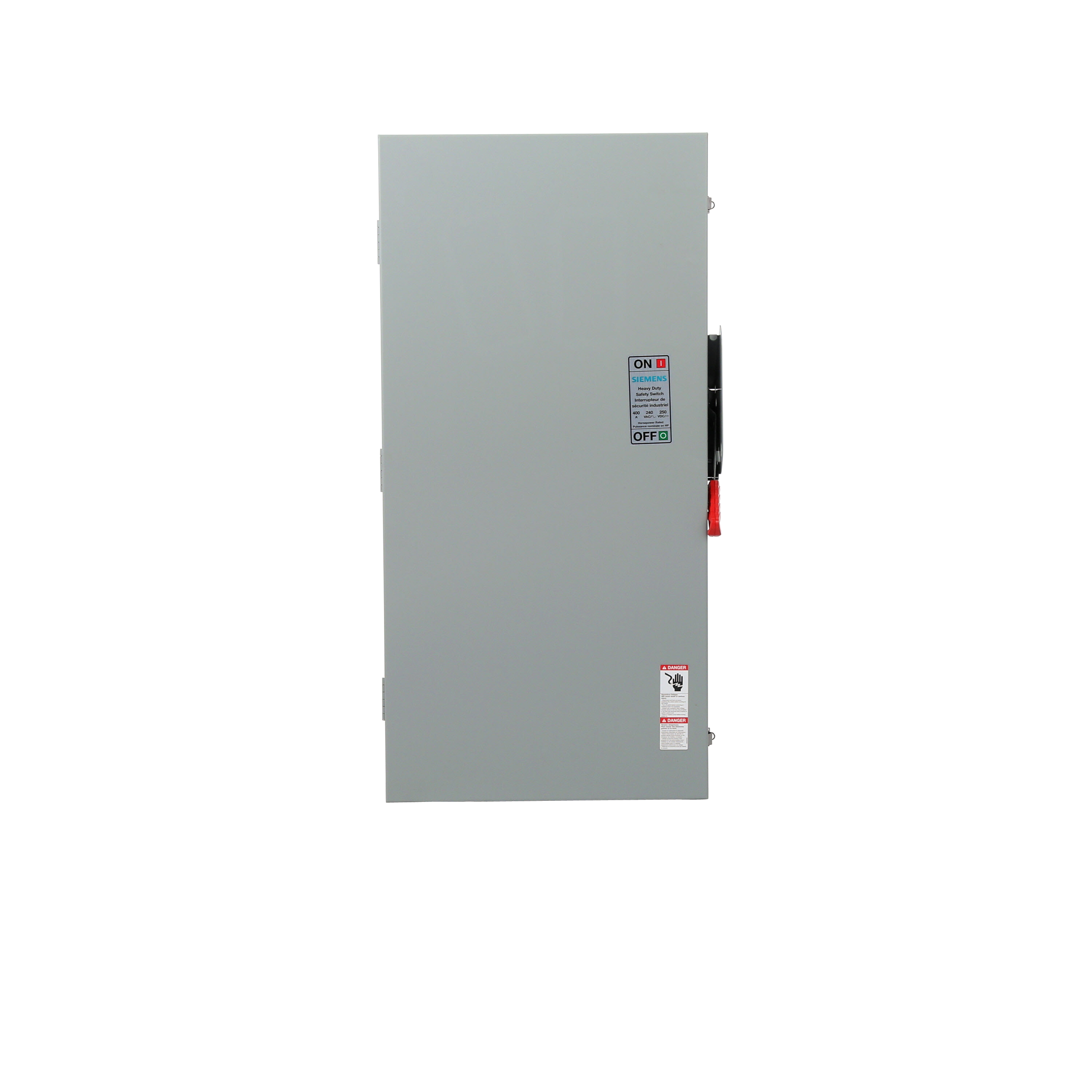 Siemens Low Voltage Circuit Protection Heavy Duty Safety Switch. 2-Pole 2-Fuse and solid neutral Fused in a type 3R enclosure (outdoor). Rated 240VAC (400A).
