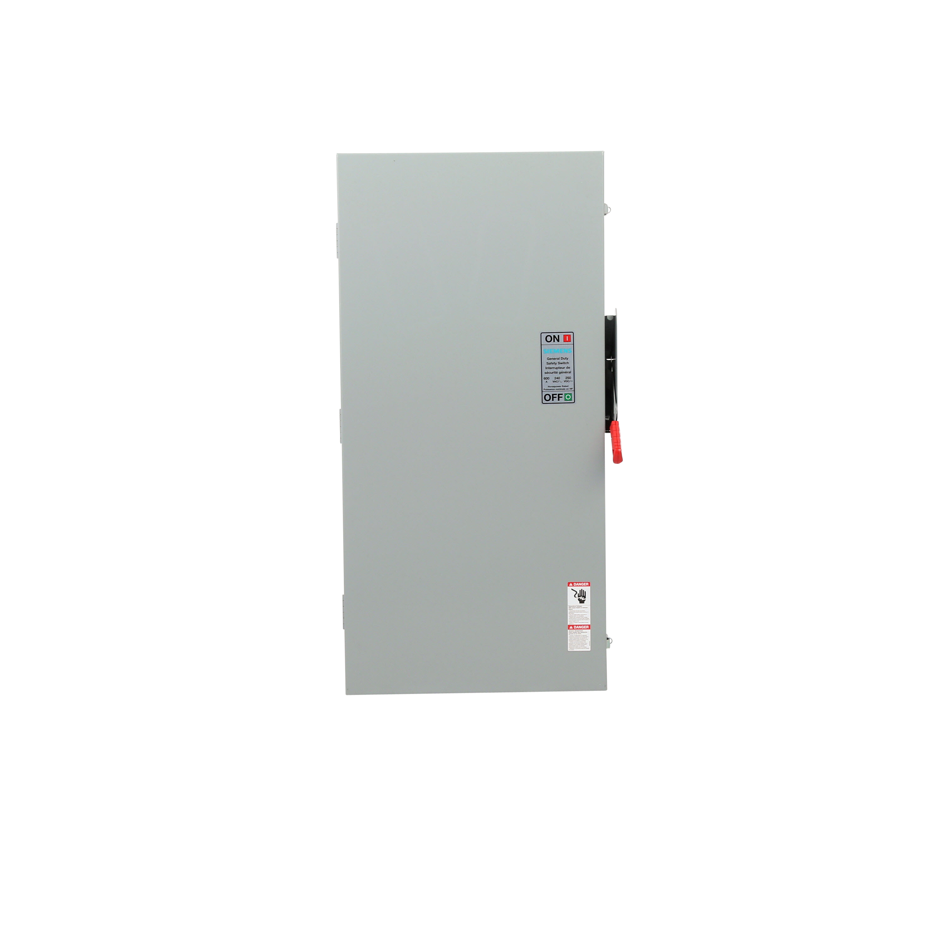 Siemens Low Voltage Circuit Protection General Duty Safety Switch. 3-Pole 3-Fuse and solid neutral Fused in a type 1 enclosure (indoor). Rated 240VAC (600A). Horse power (Std, Time delay) fused 1-PH 2-W (15, - ), 3-PH 3-W (75, 200). Special features service entrance labeled .