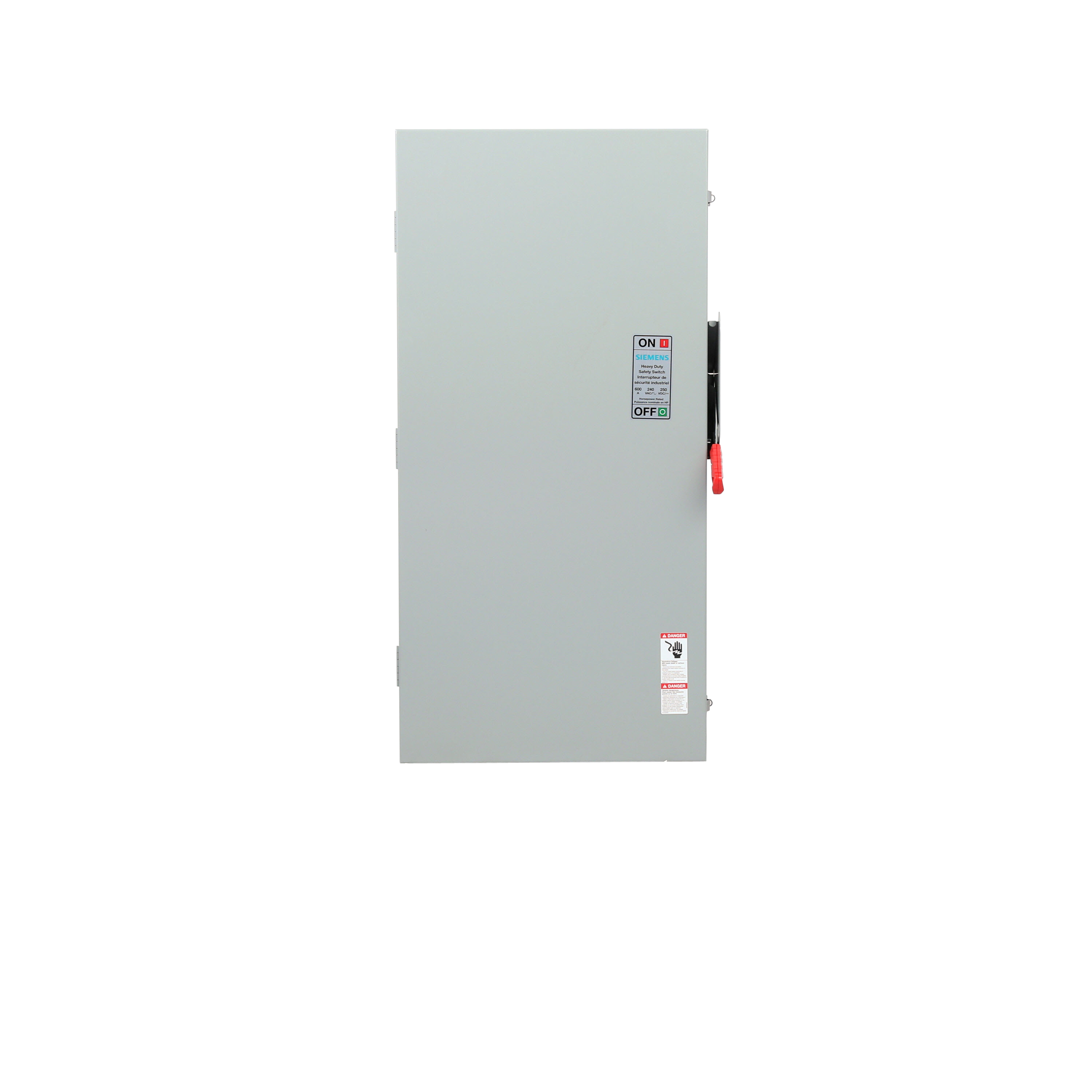Siemens Low Voltage Circuit Protection Heavy Duty Safety Switch. 2-Pole 2-Fuse and solid neutral Fused in a type 3R enclosure (outdoor). Rated 240VAC (600A).