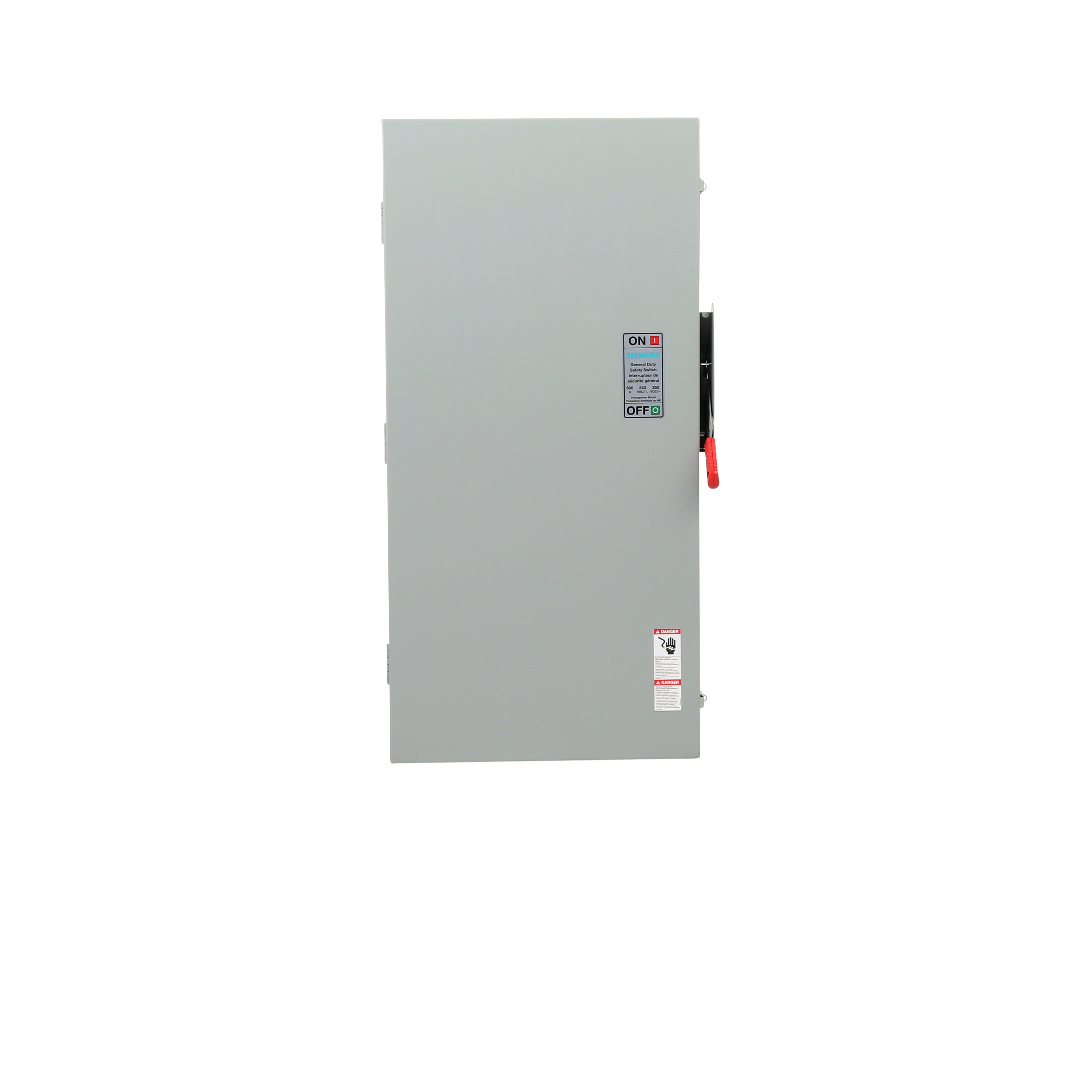Siemens Low Voltage Circuit Protection General Duty Safety Switch. 2-Pole 2-Fuse and solid neutral Fused in a type 1 enclosure (indoor). Rated 240VAC (600A). Horse power (Std, Time delay) fused 1-PH 2-W (15, - ), 3-PH 3-W (75, 200). Special features service entrance labeled suitable for 3-PH motor loads.