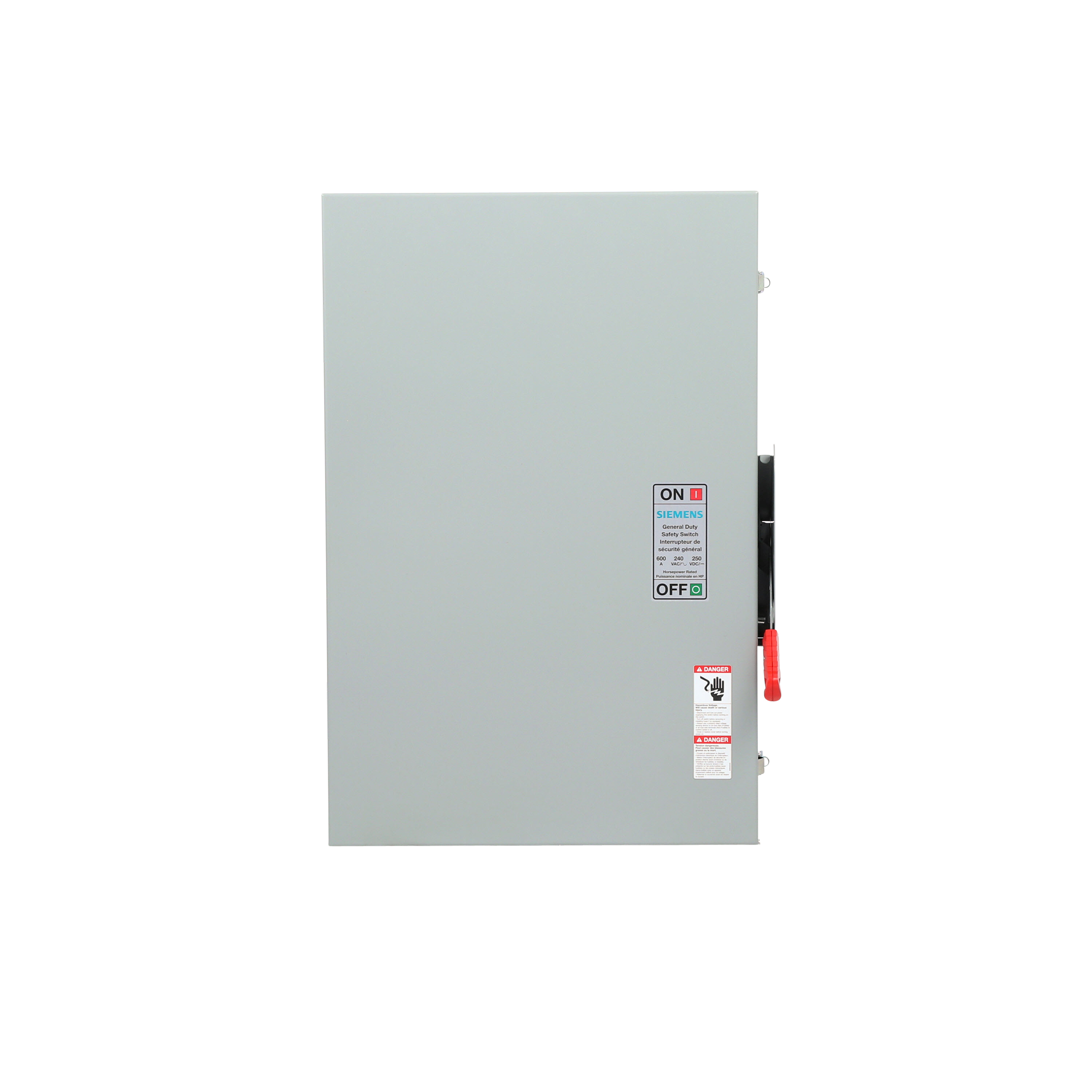 Siemens Low Voltage Circuit Protection General Duty Safety Switch. 2-Pole or 3-Pole Non-Fused in a type 1 enclosure (indoor). Rated 240VAC (600A). Horse power 1-PH 2-W (15), 3-PH 3-W (200). Special features service entrance labeled suitable for 3-PH motor loads.