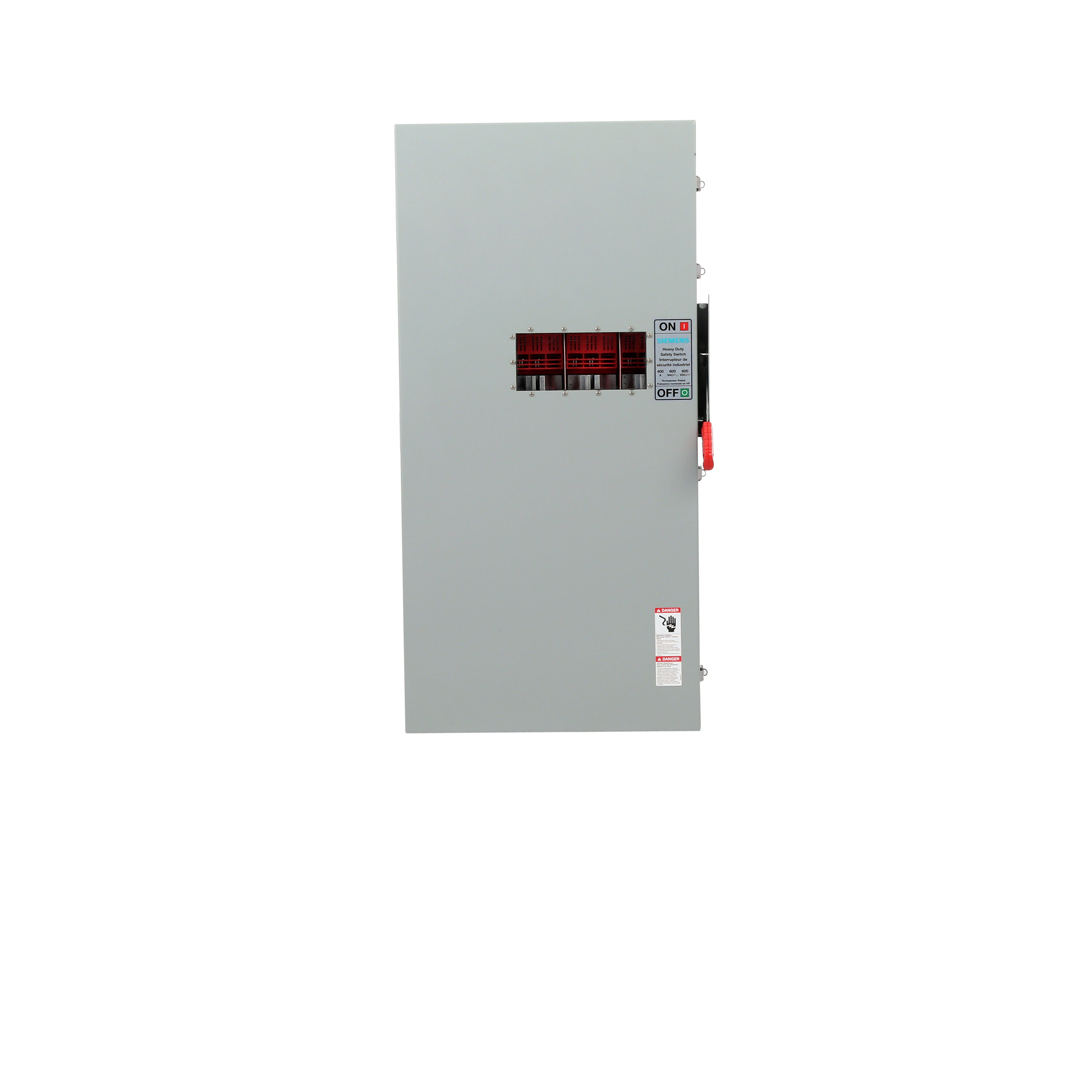 Siemens Low Voltage Circuit Protection Heavy Duty Safety Switch. 3-Pole 3-Fuse Fused in a type 12 industrial enclosure. Rated 600VAC (400A). Special features viewing window.